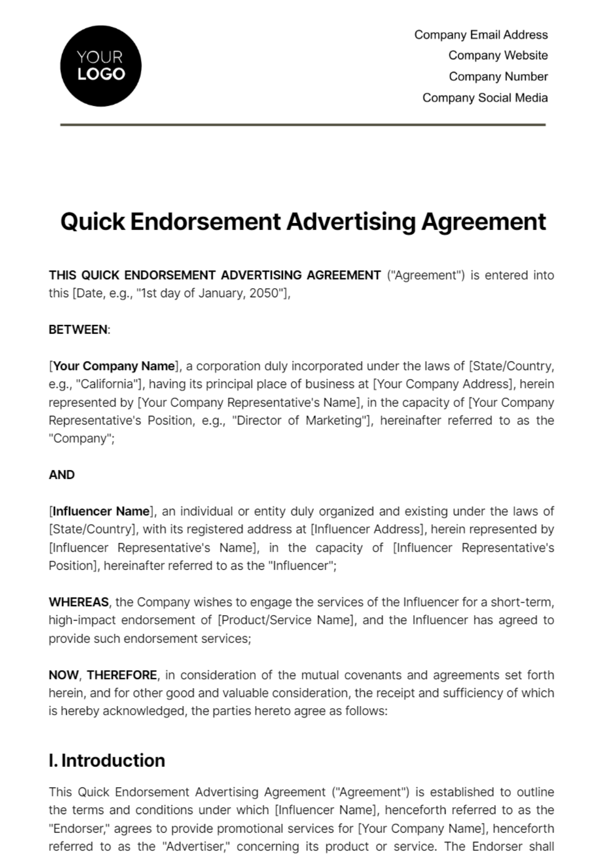 Free Quick Endorsement Advertising Agreement Template