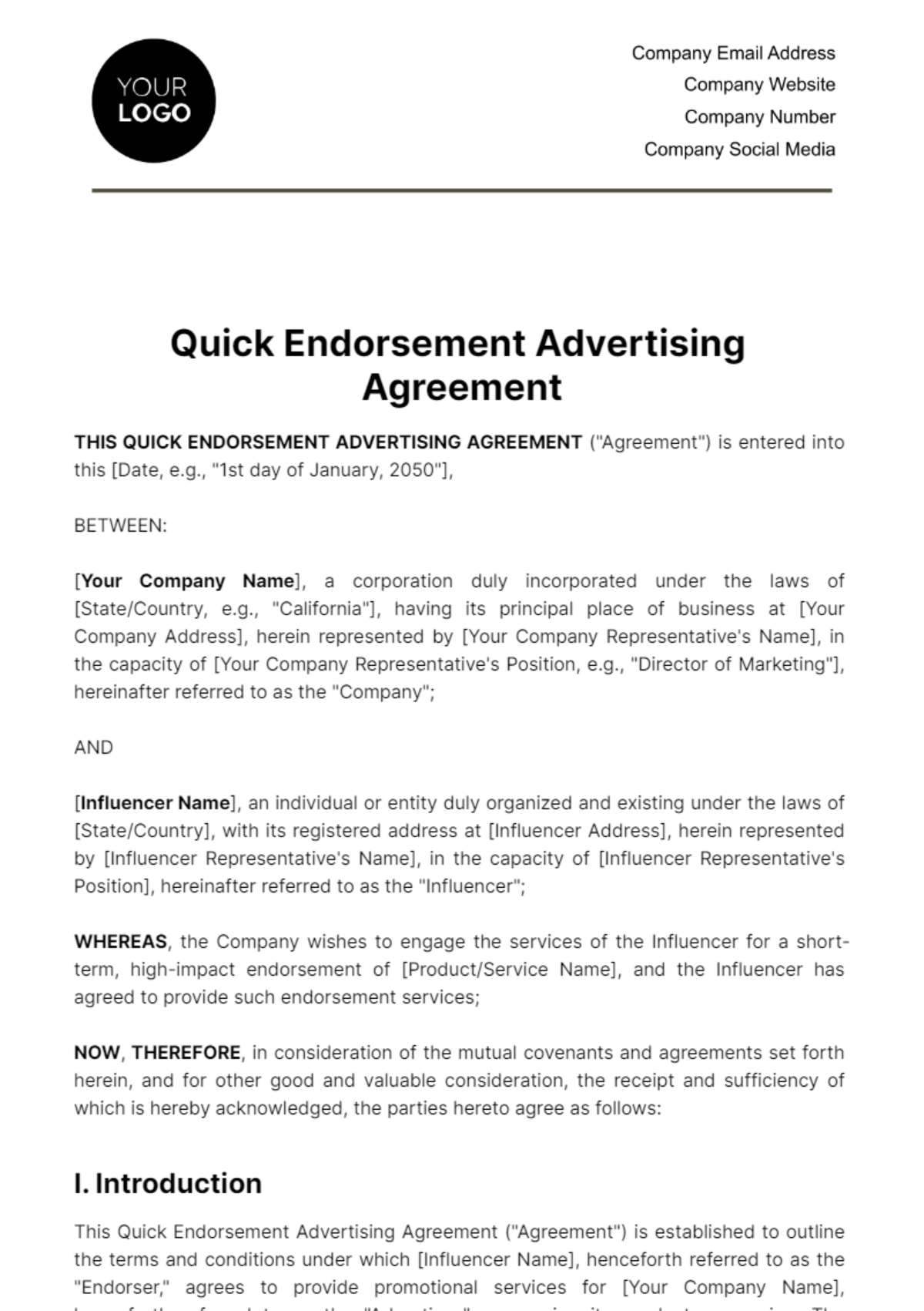 Quick Endorsement Advertising Agreement Template - Edit Online ...