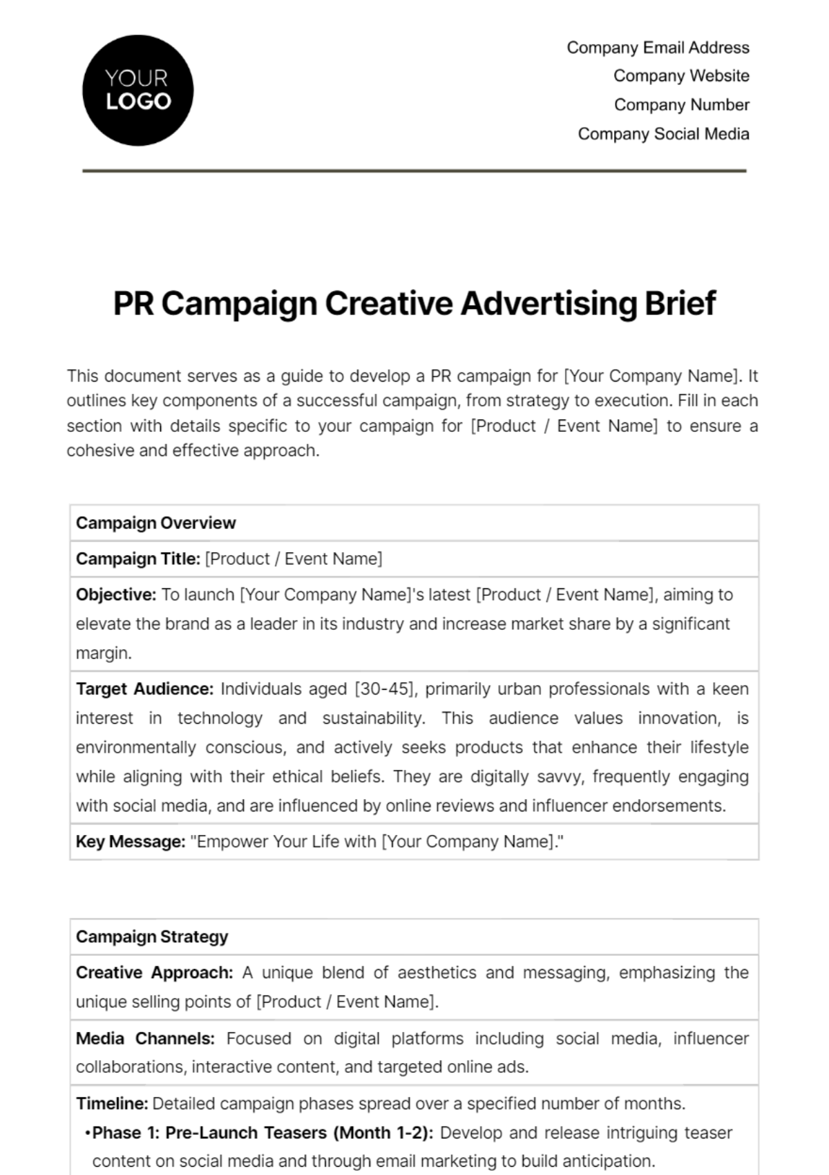 Free PR Campaign Creative Advertising Brief Template