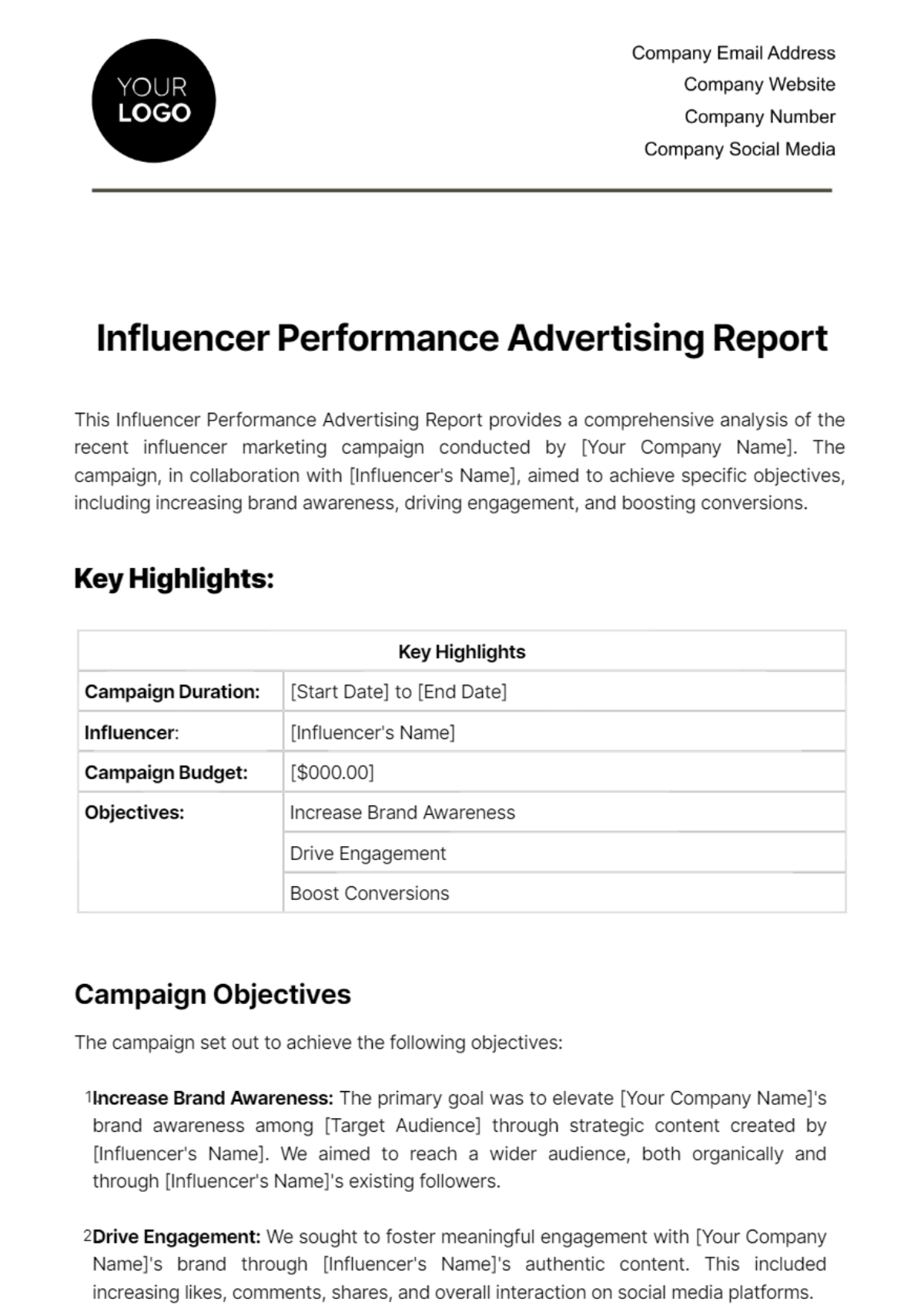 Influencer Performance Advertising Report Template