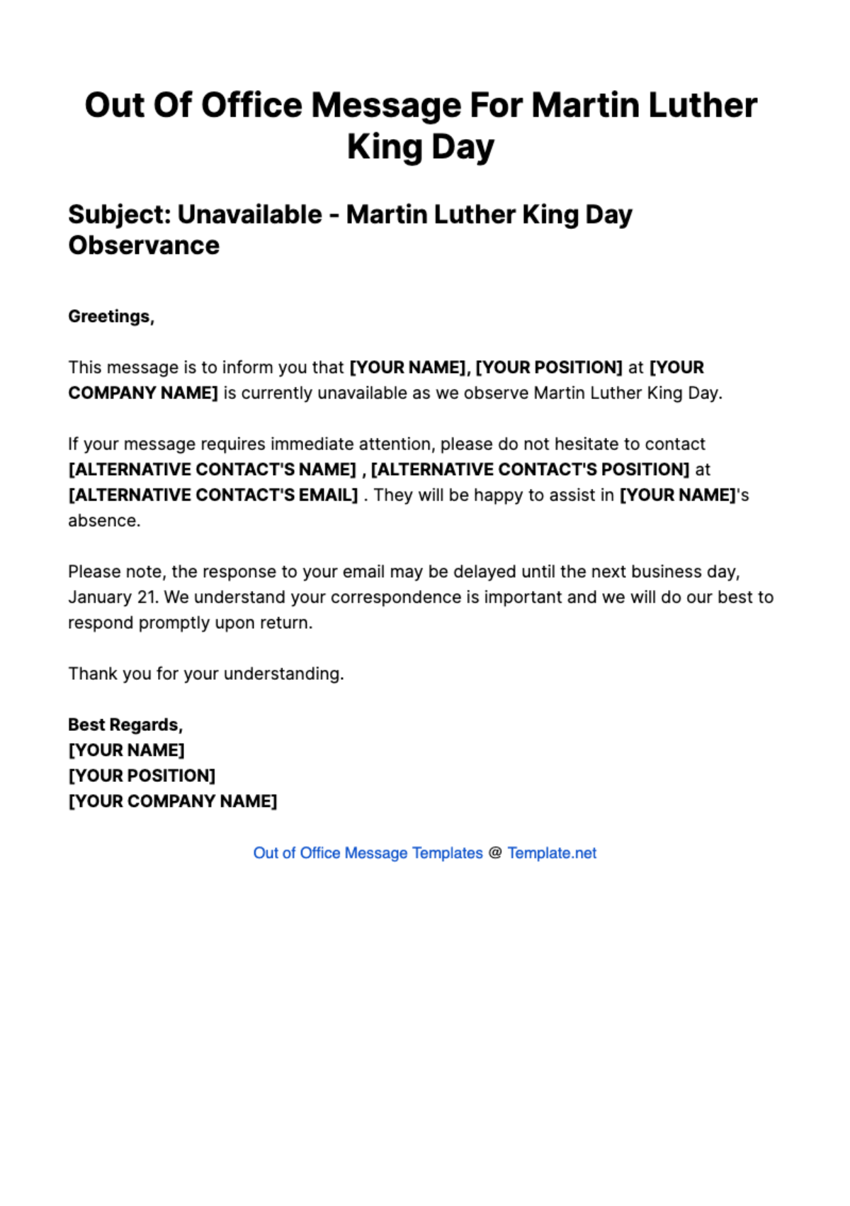 Free Out Of Office Message For Martin Luther King Day Template