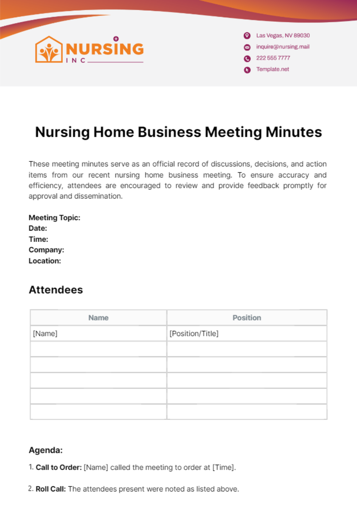 Free Nursing Home Business Meeting Minutes Template