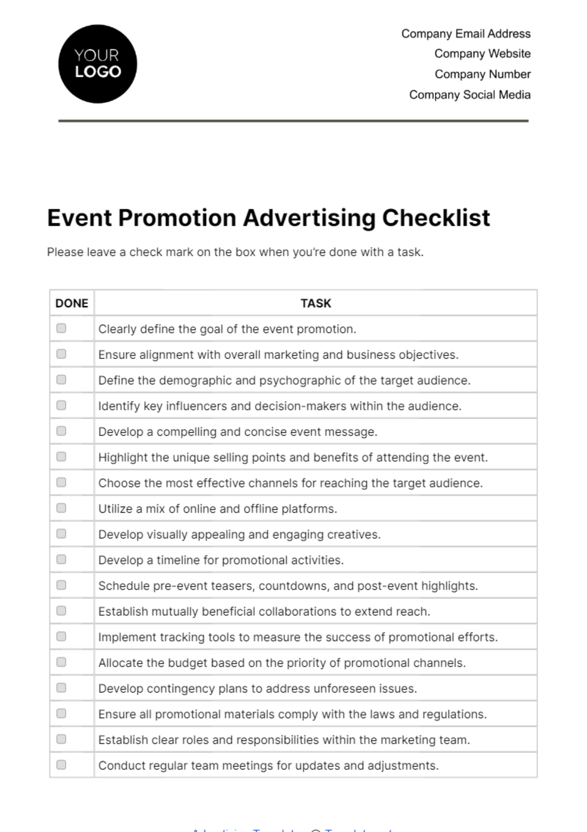 Event Promotion Advertising Checklist Template