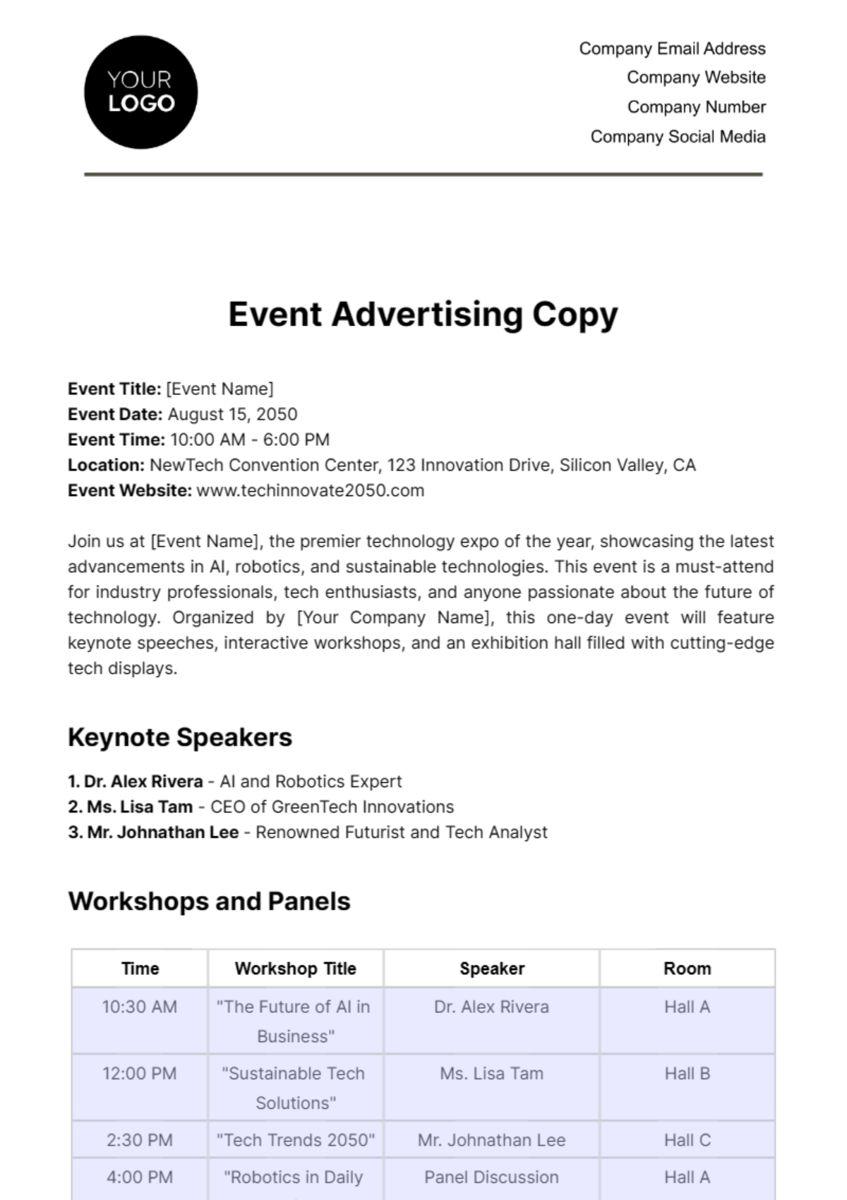 Free Event Advertising Copy Template