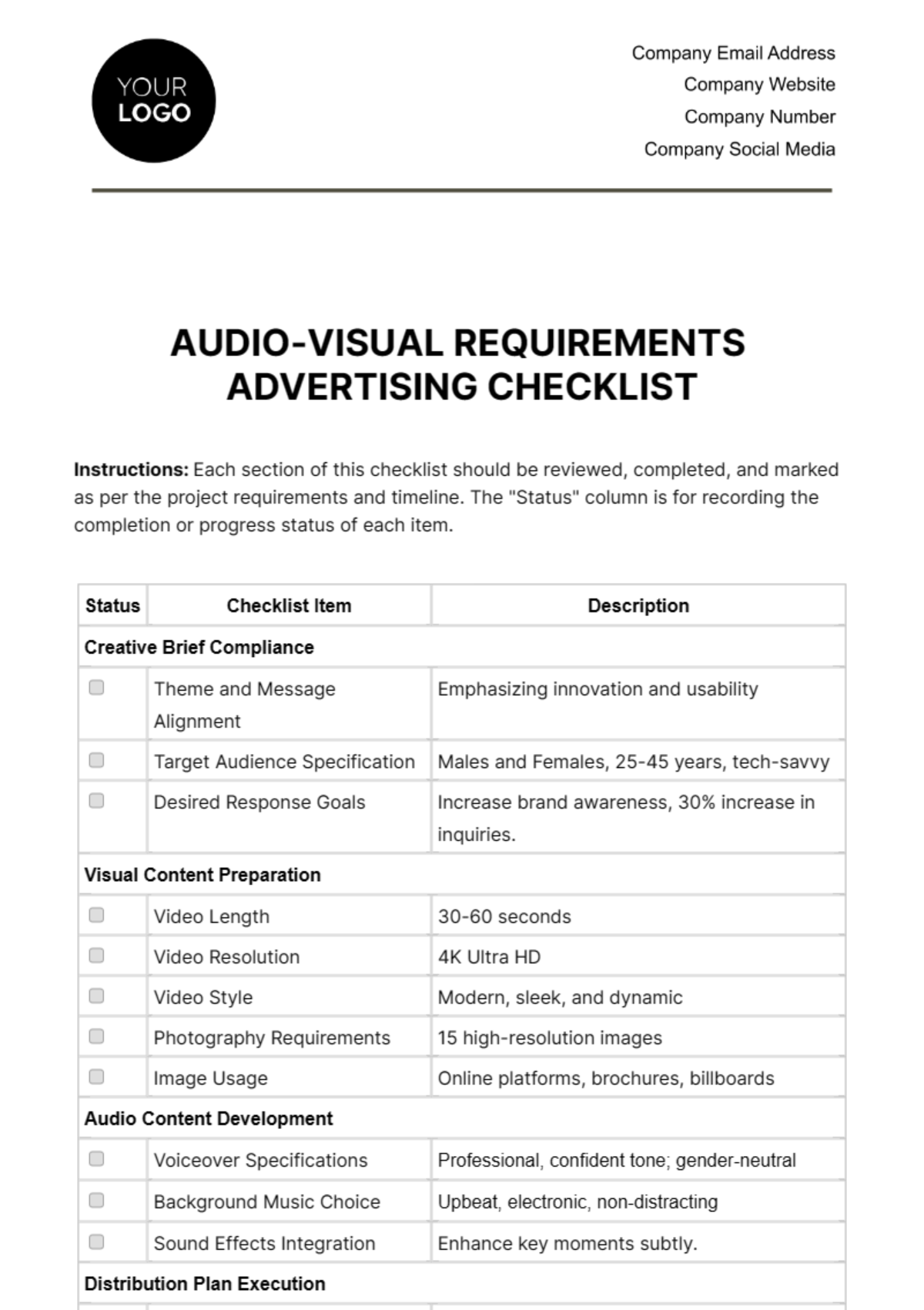 Audio-Visual Requirements Advertising Checklist Template