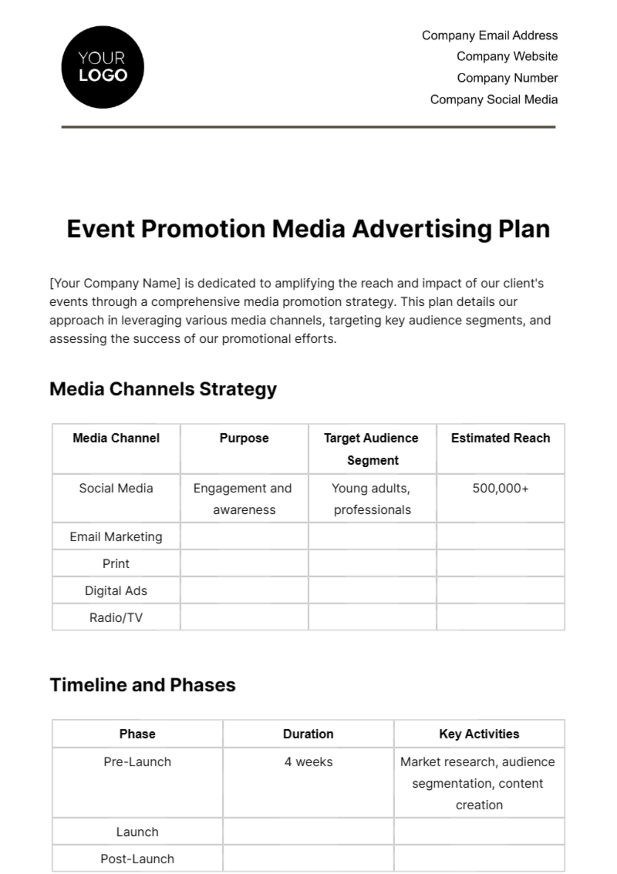 Free Event Promotion Media Advertising Plan Template