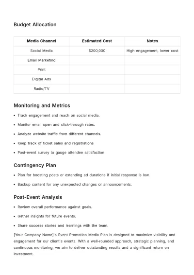 Free Event Promotion Media Advertising Plan Template to Edit Online