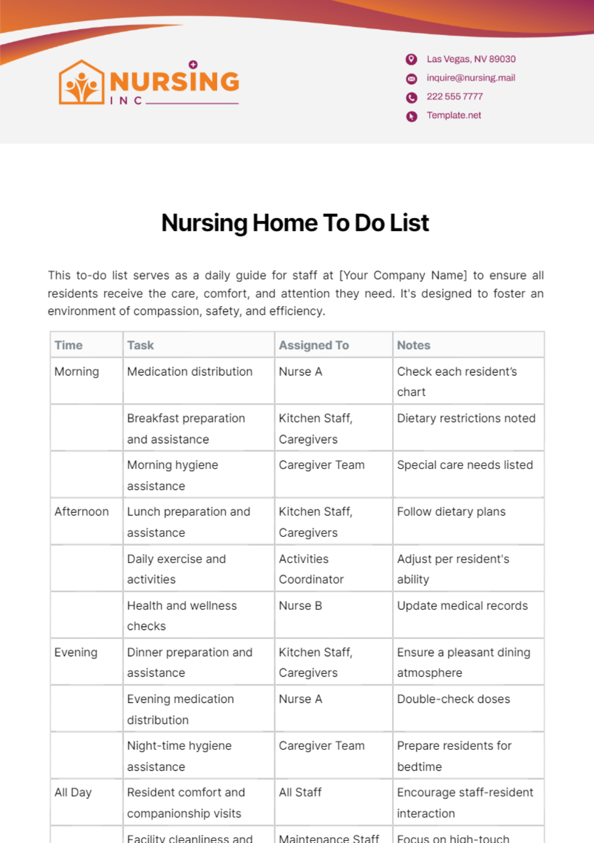 Nursing Home To Do List Template