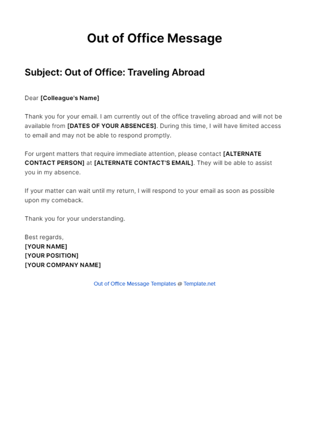 Out Of Office Message Traveling Abroad Template