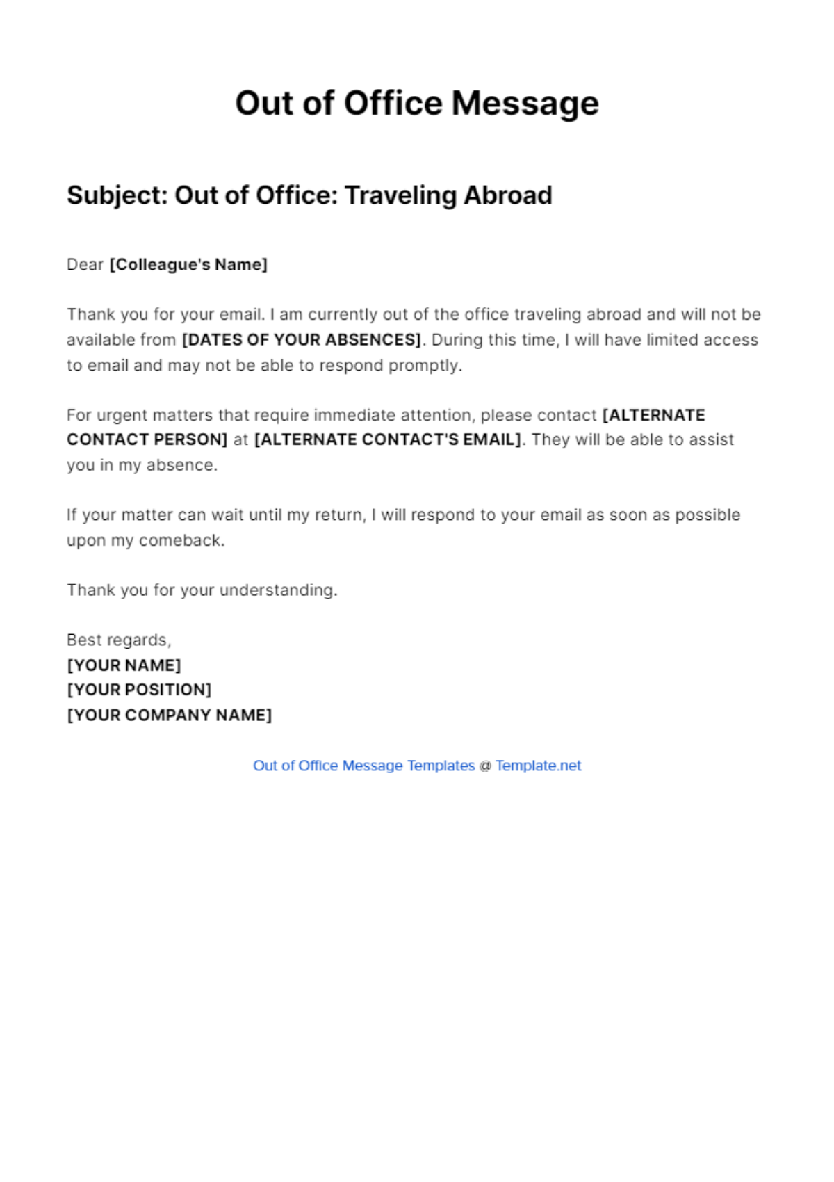 Out Of Office Message Traveling Abroad Template - Edit Online & Download