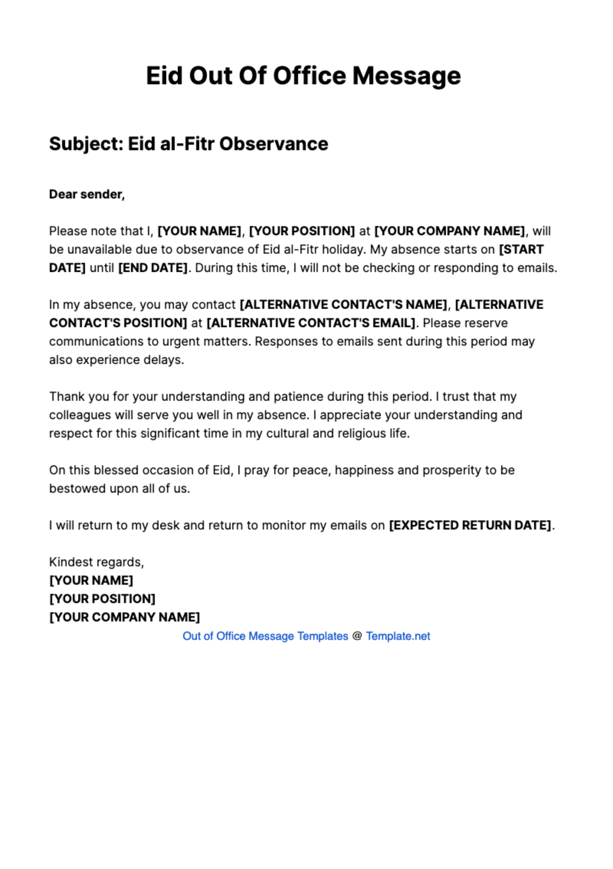 Eid Out Of Office Message Template - Edit Online & Download