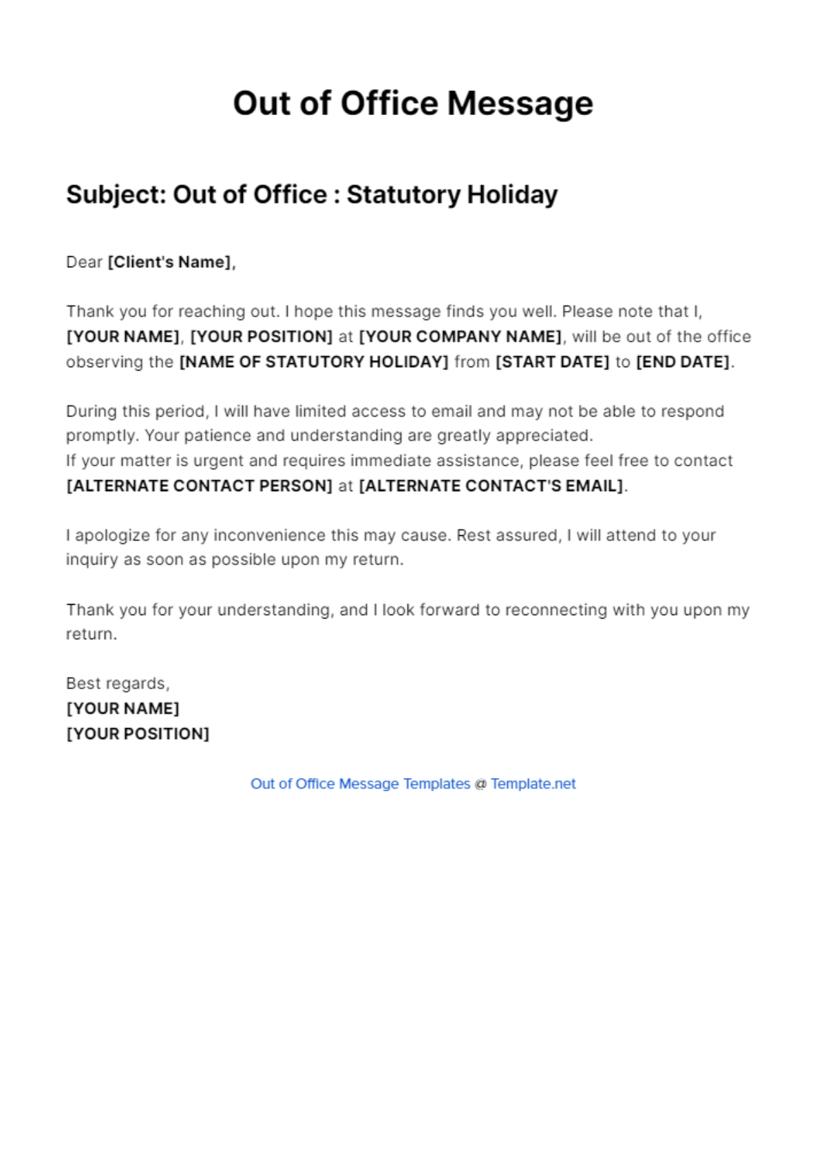 Out Of Office Message For Statutory Holiday Template