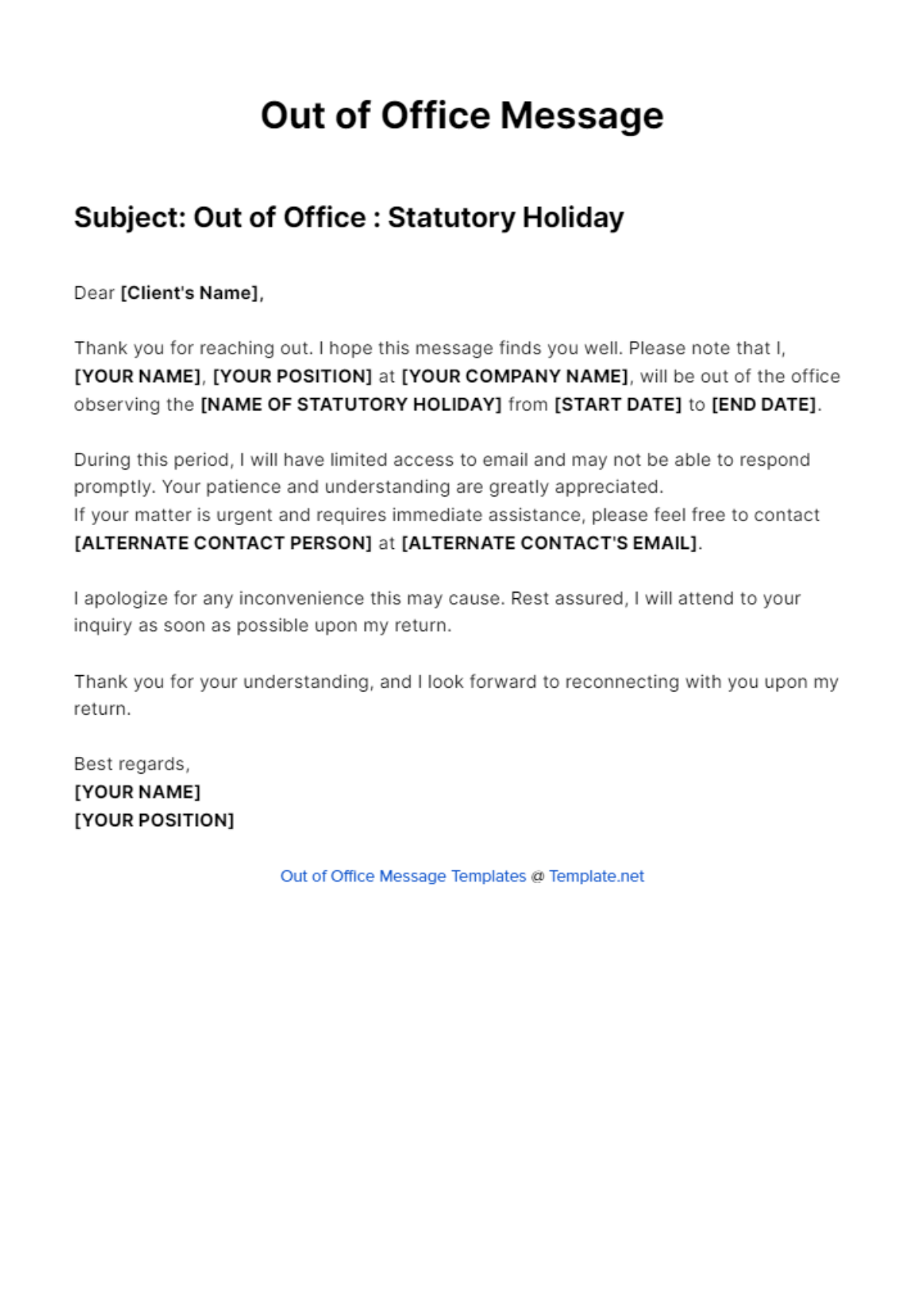 Out Of Office Message For Statutory Holiday Template - Edit Online & Download