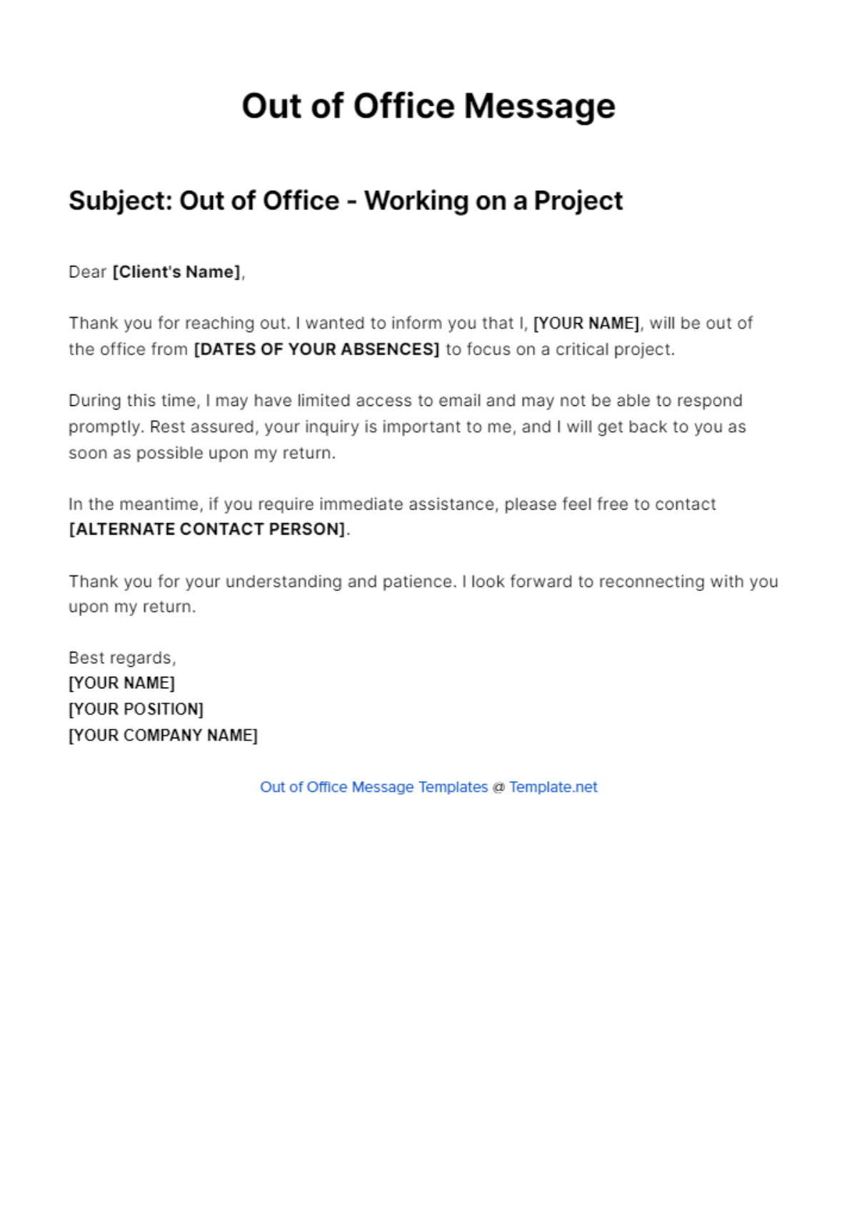 Free Out Of Office Message For Working On A Project Template - Edit ...