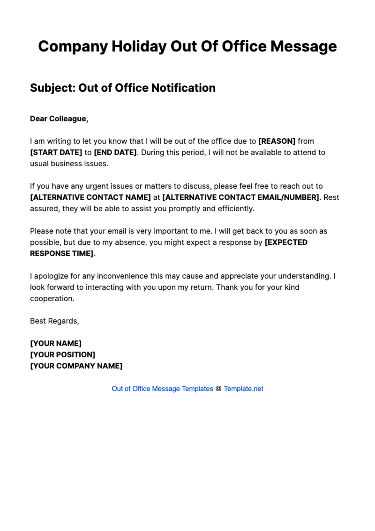 Company Holiday Out Of Office Message Template
