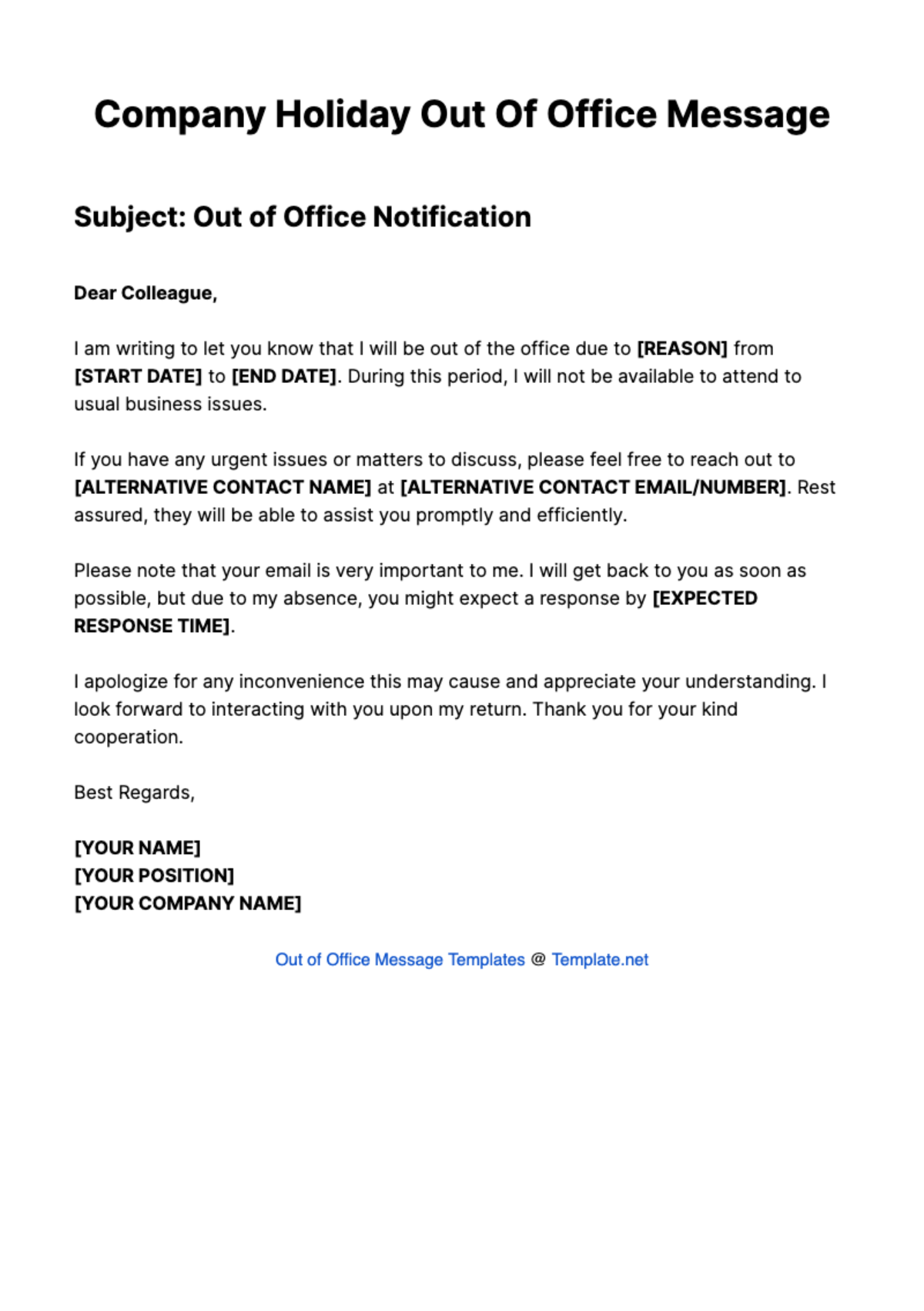 Company Holiday Out Of Office Message Template - Edit Online & Download