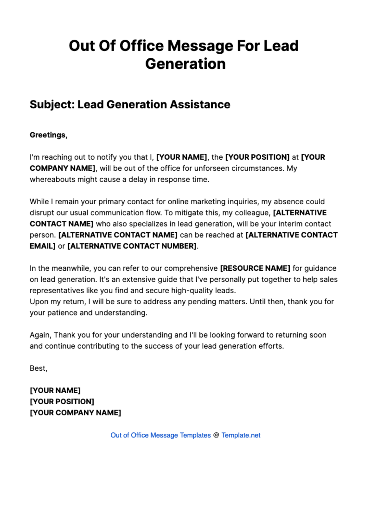 Out Of Office Message For Lead Generation Template