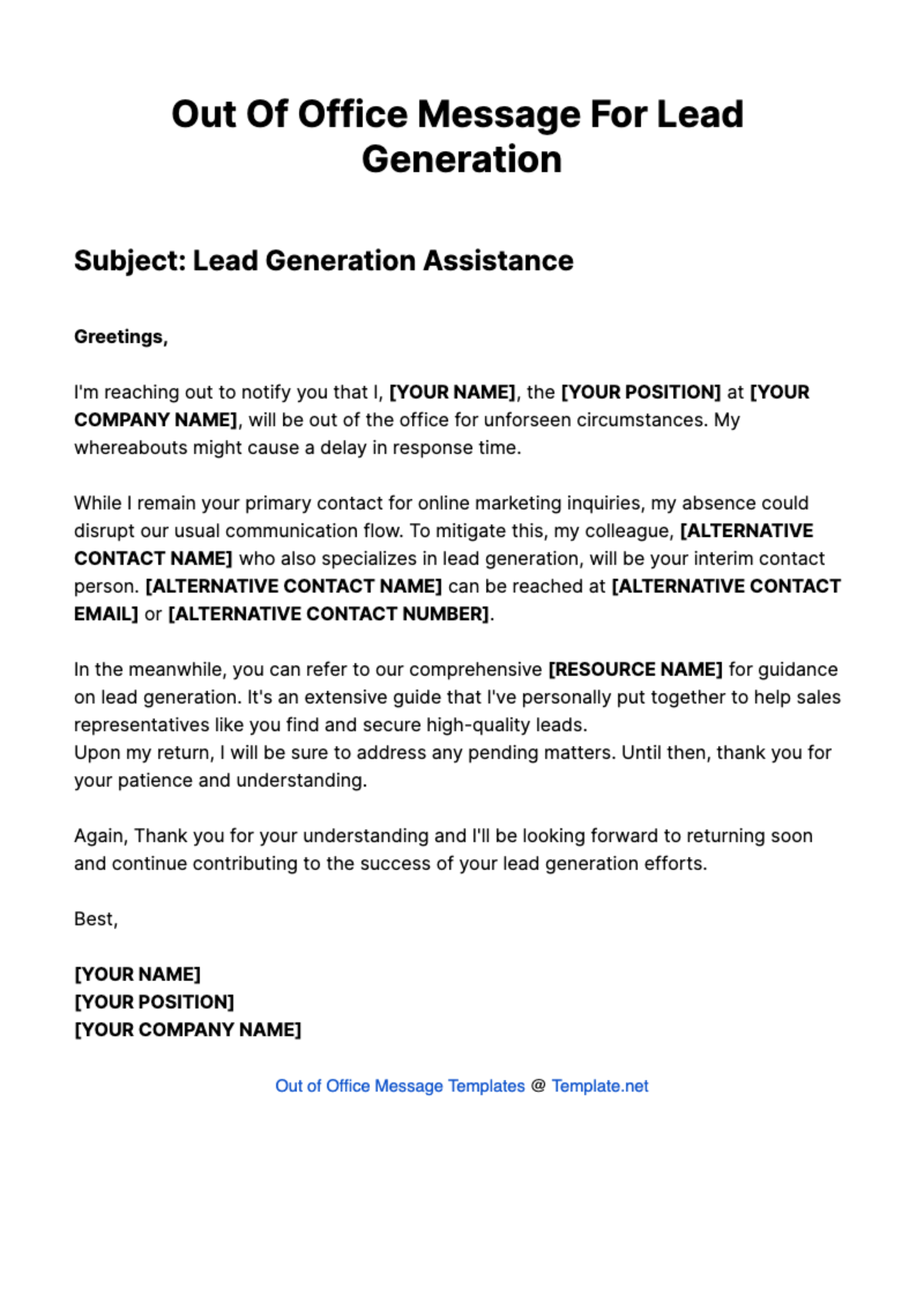 Out Of Office Message For Lead Generation Template - Edit Online & Download