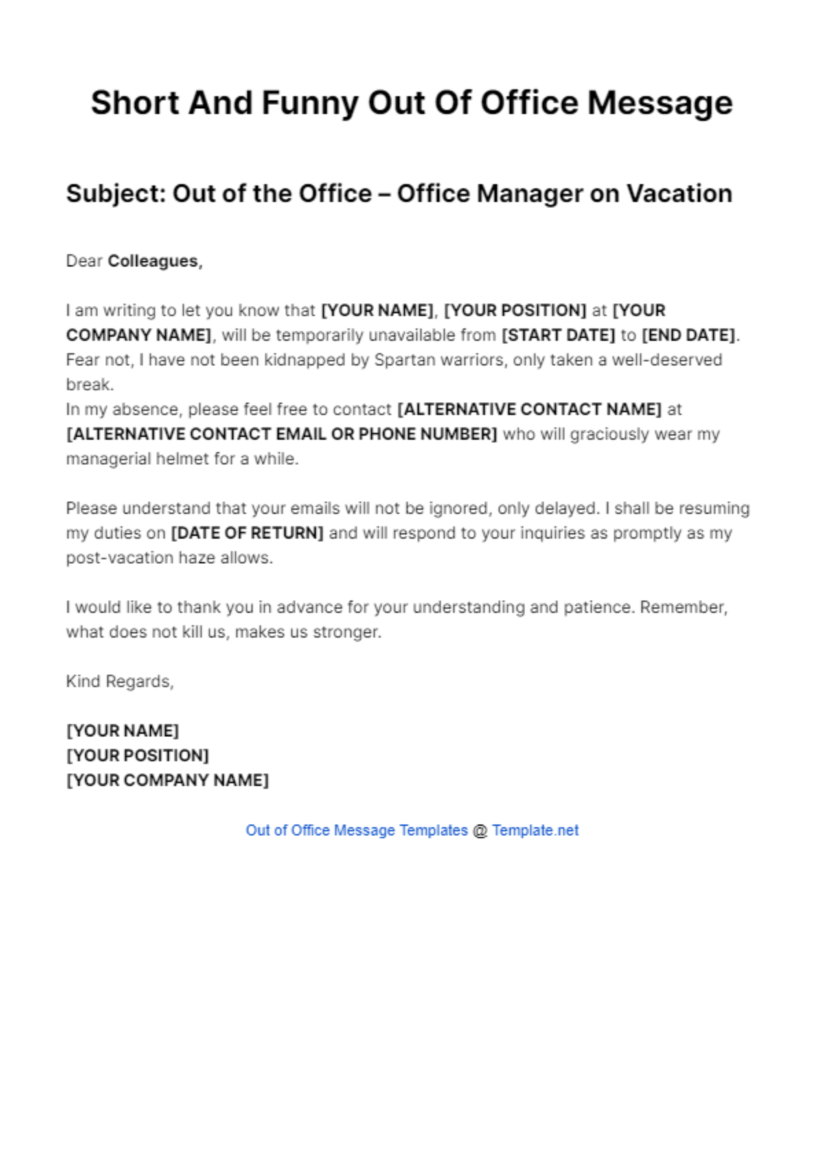 Short And Funny Out Of Office Message Template