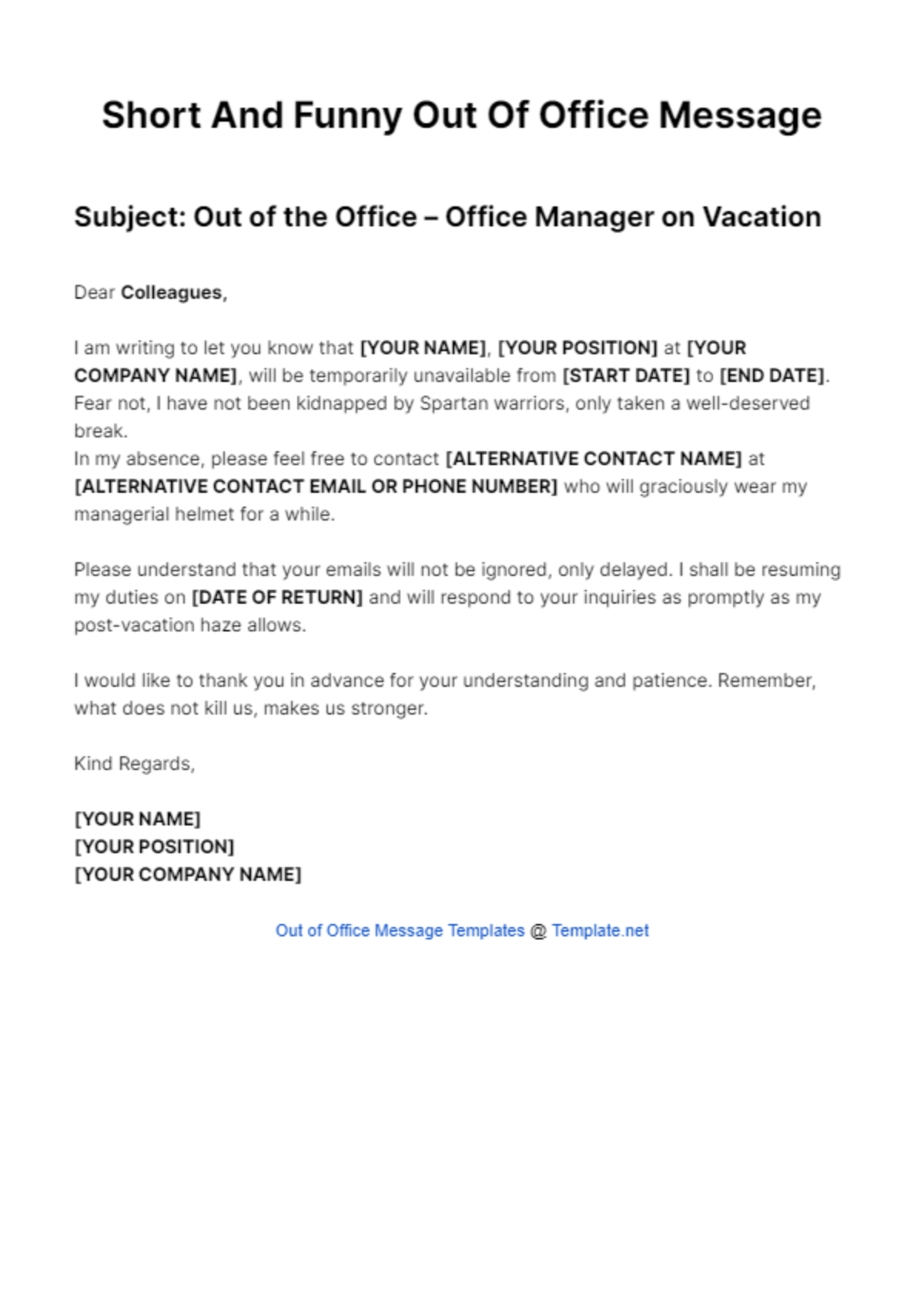 Short And Funny Out Of Office Message Template - Edit Online & Download