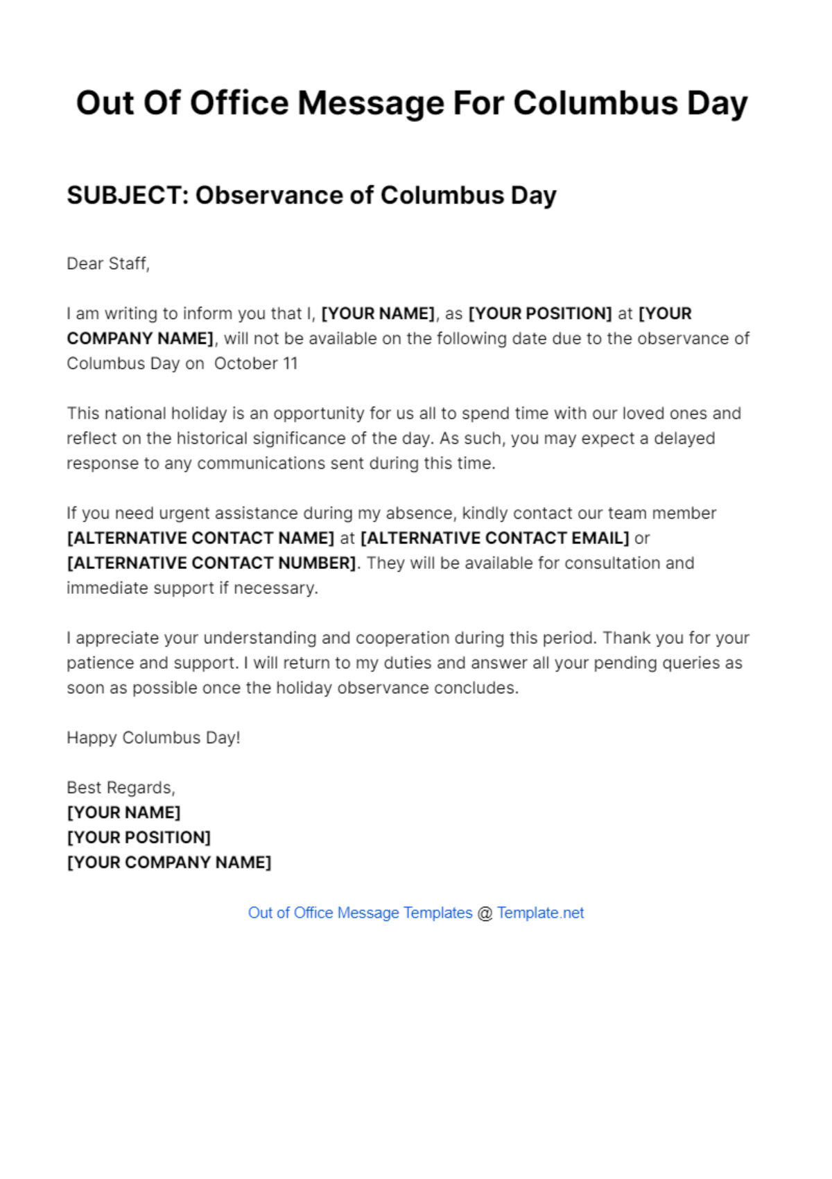 Free Out Of Office Message For Columbus Day Template