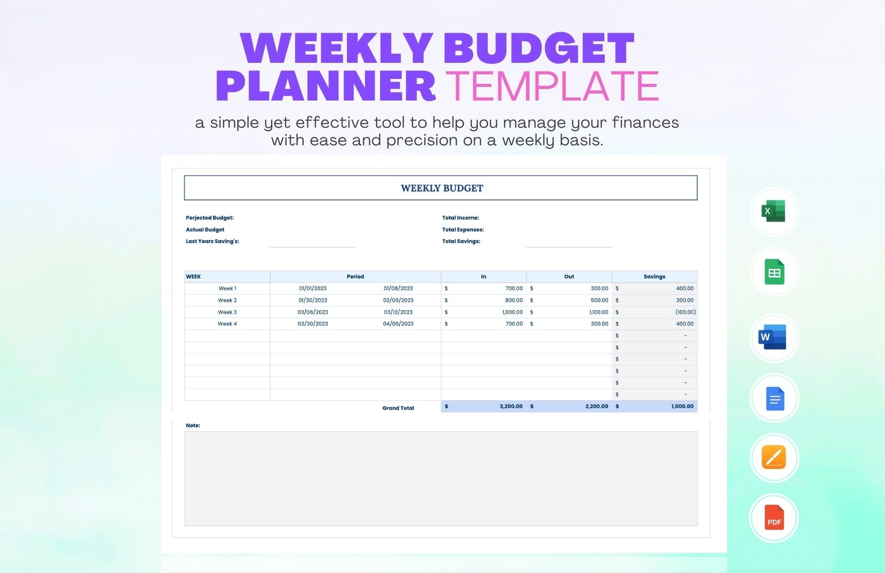 Weekly Budget Planner Template in Word, Google Docs, Excel, PDF, Google Sheets, Apple Pages