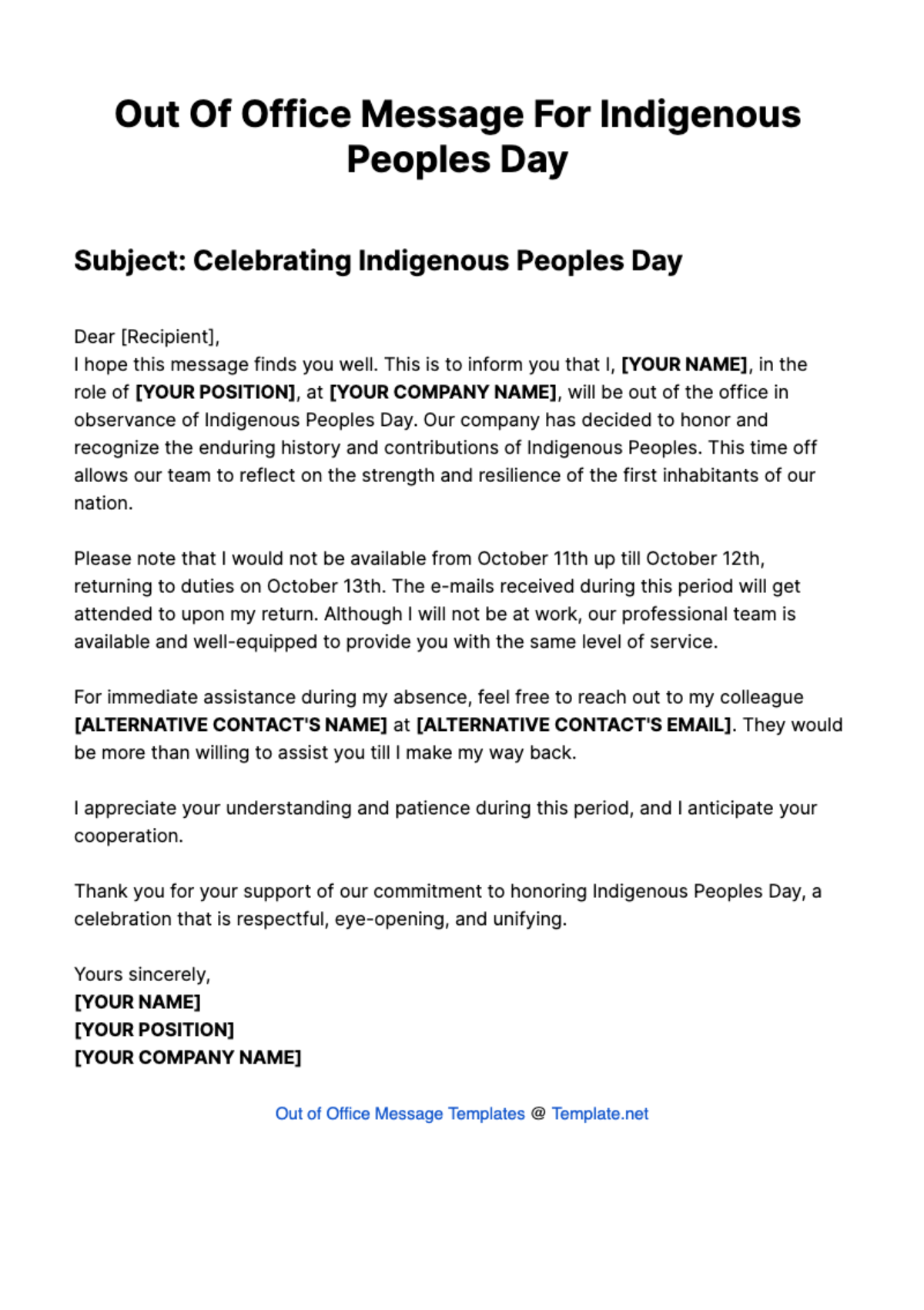 Free Out Of Office Message For Indigenous Peoples Day Template