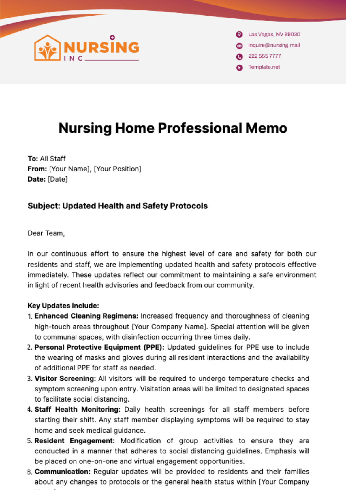 Nursing Home Professional Memo Template