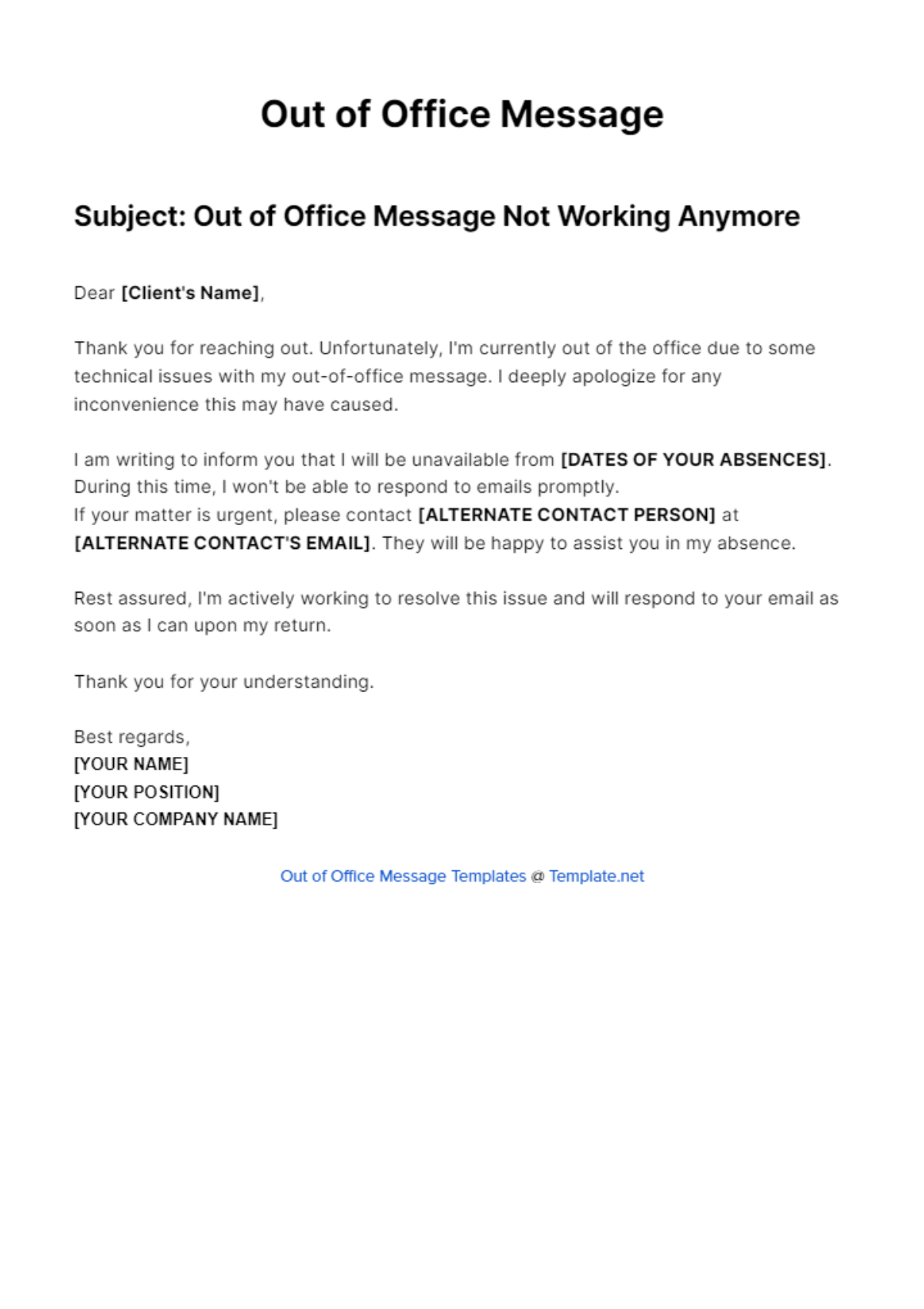 Out Of Office Message Not Working Anymore Template