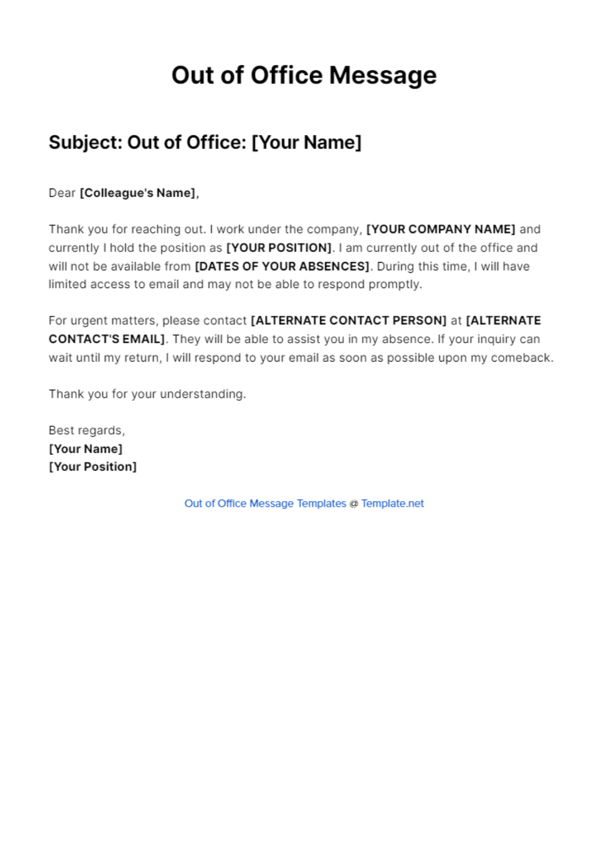 Executive Out Of Office Message Template