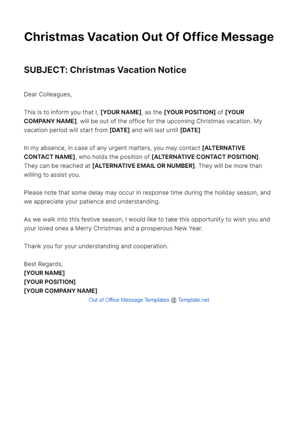 Christmas Vacation Out Of Office Message Template