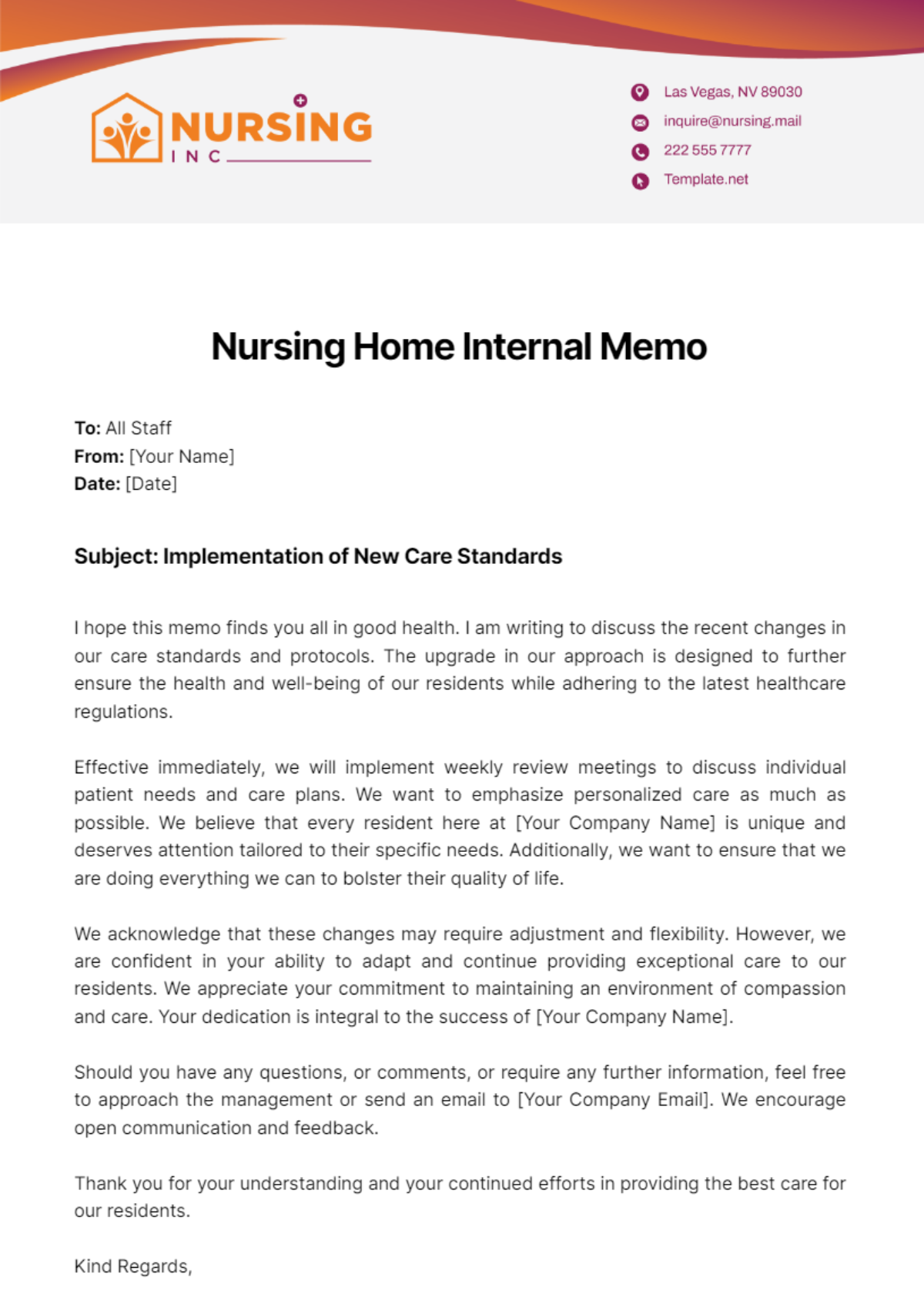 Nursing Home Internal Memo Template