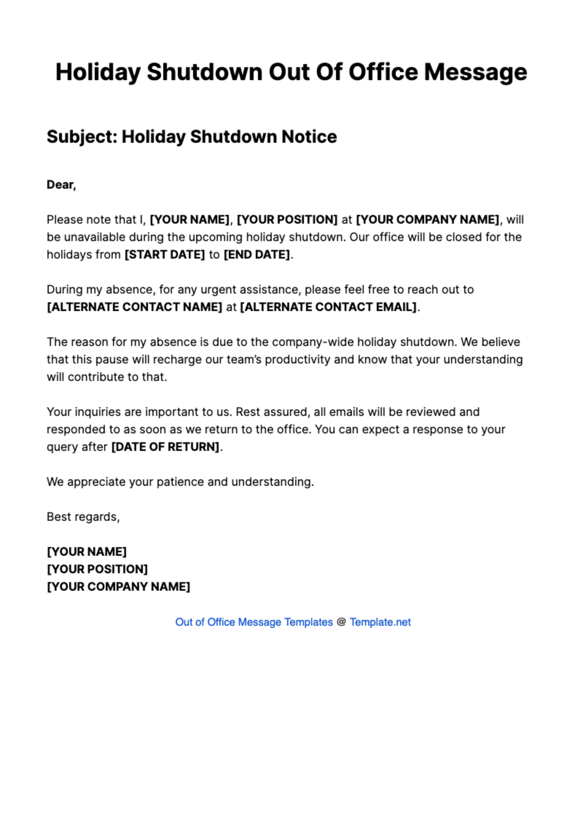 Holiday Shutdown Out Of Office Message Template