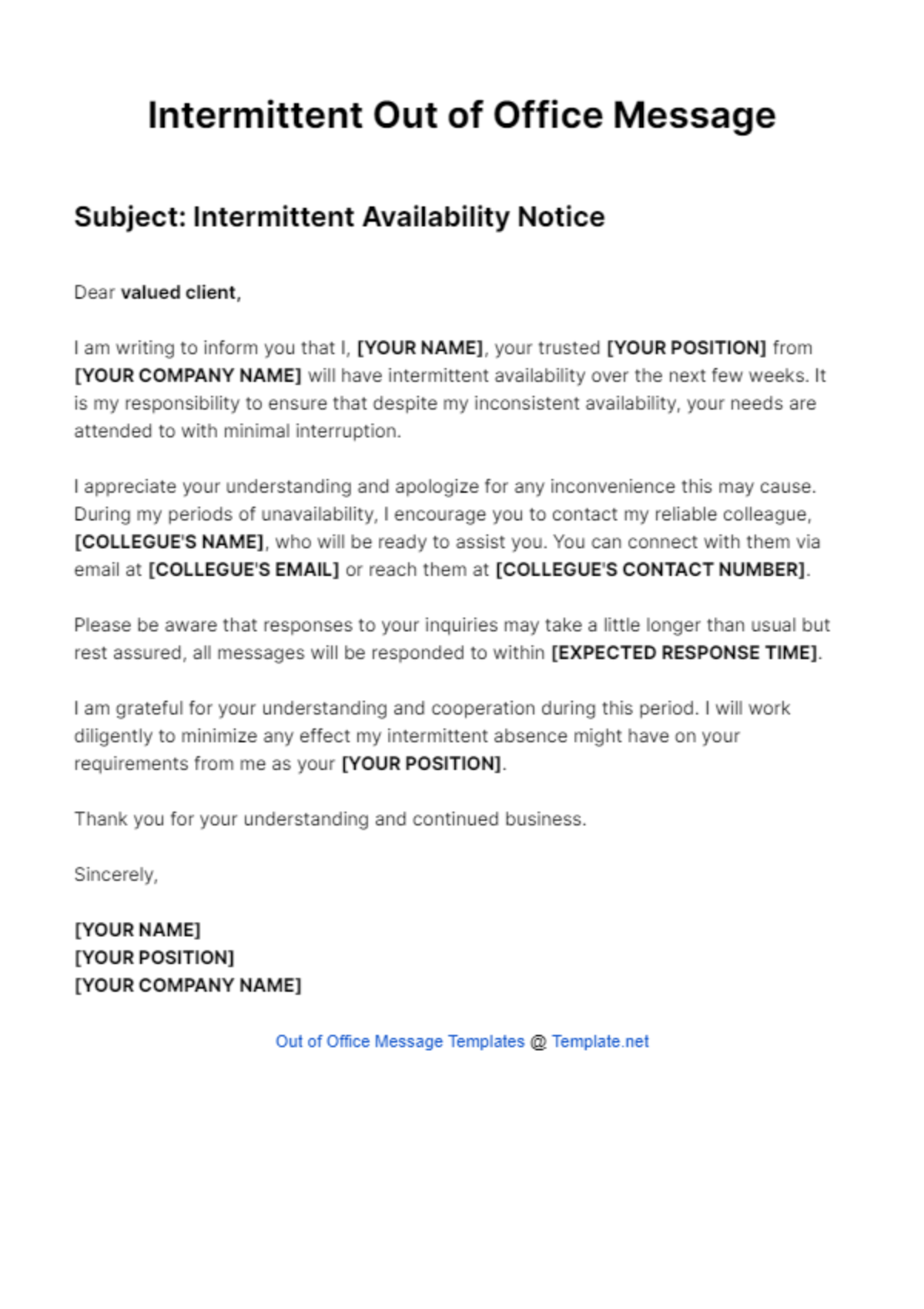 Intermittent Out Of Office Message Template - Edit Online & Download