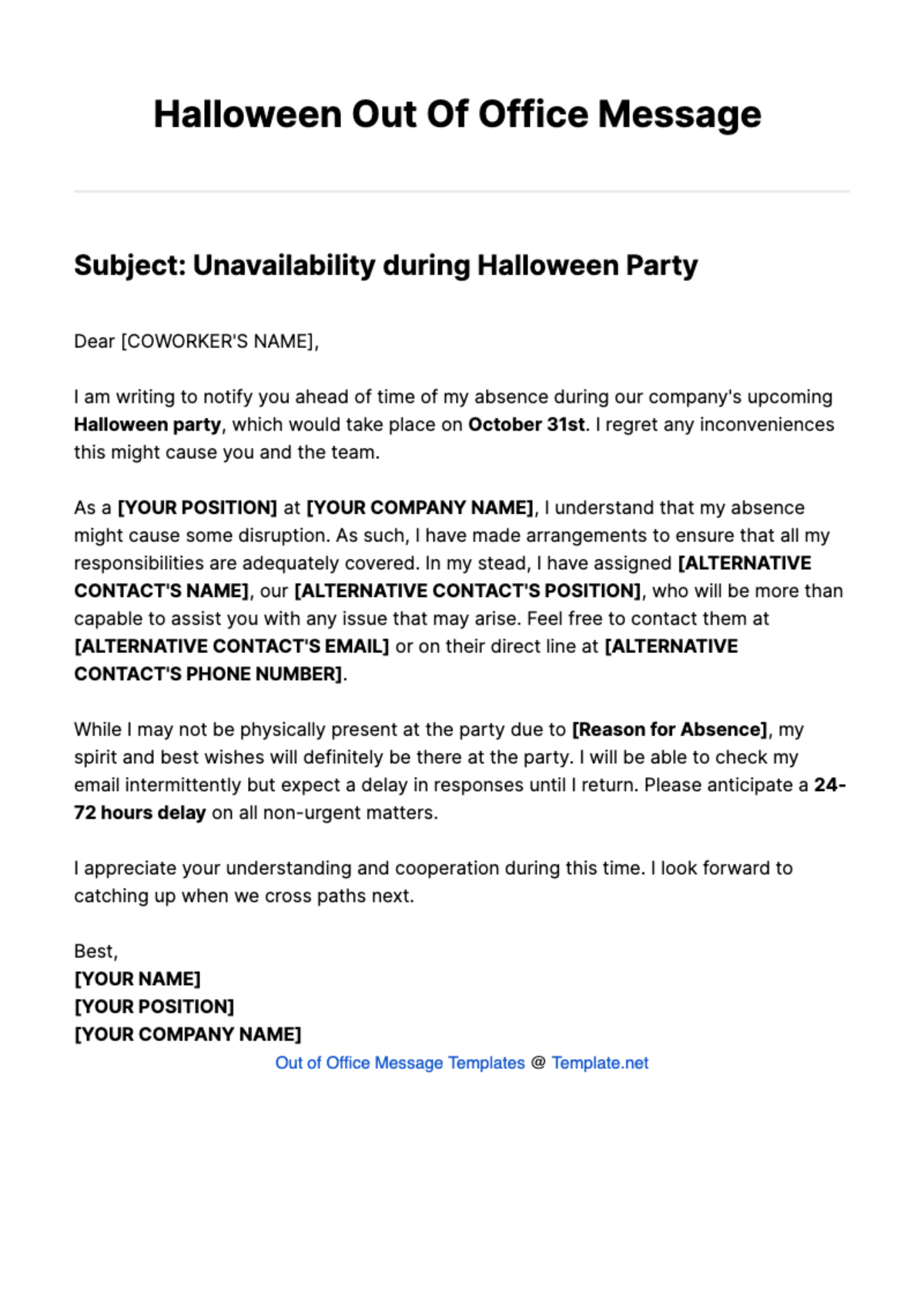 Halloween Out Of Office Message Template - Edit Online & Download