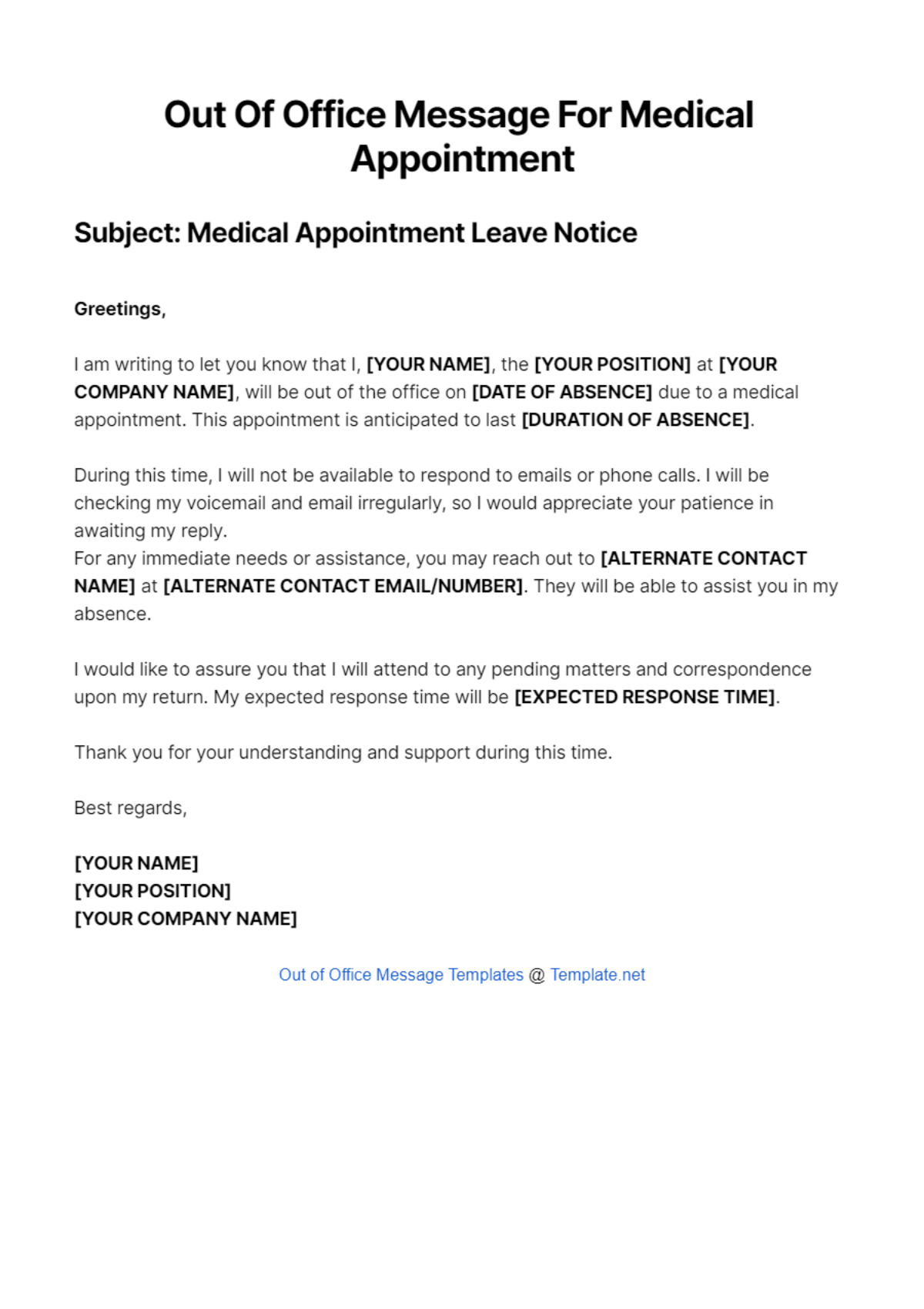 Out Of Office Message For Medical Appointment Template
