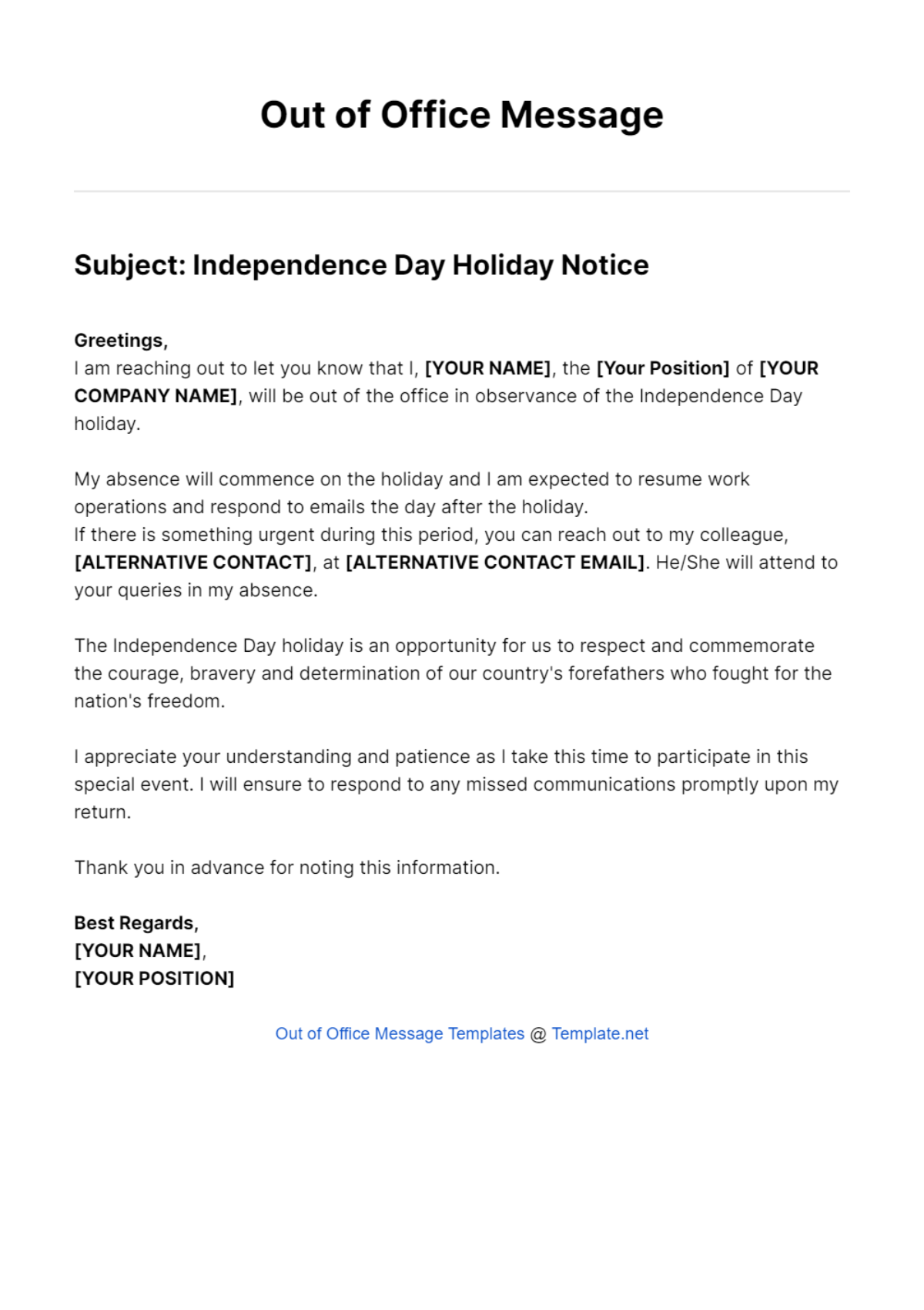 Independence Day Holiday Out Of Office Message Template