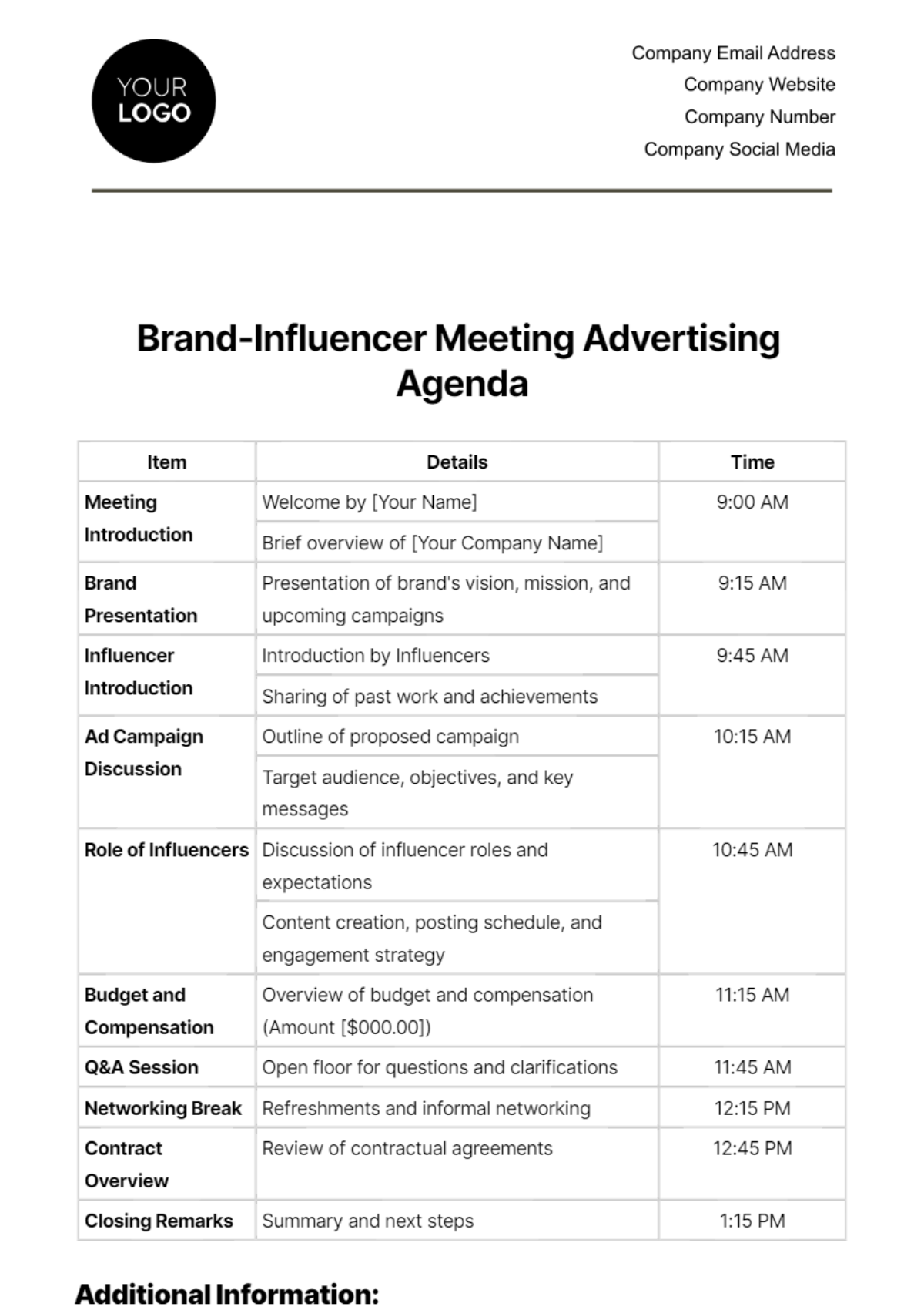 Brand-Influencer Meeting Advertising Agenda Template