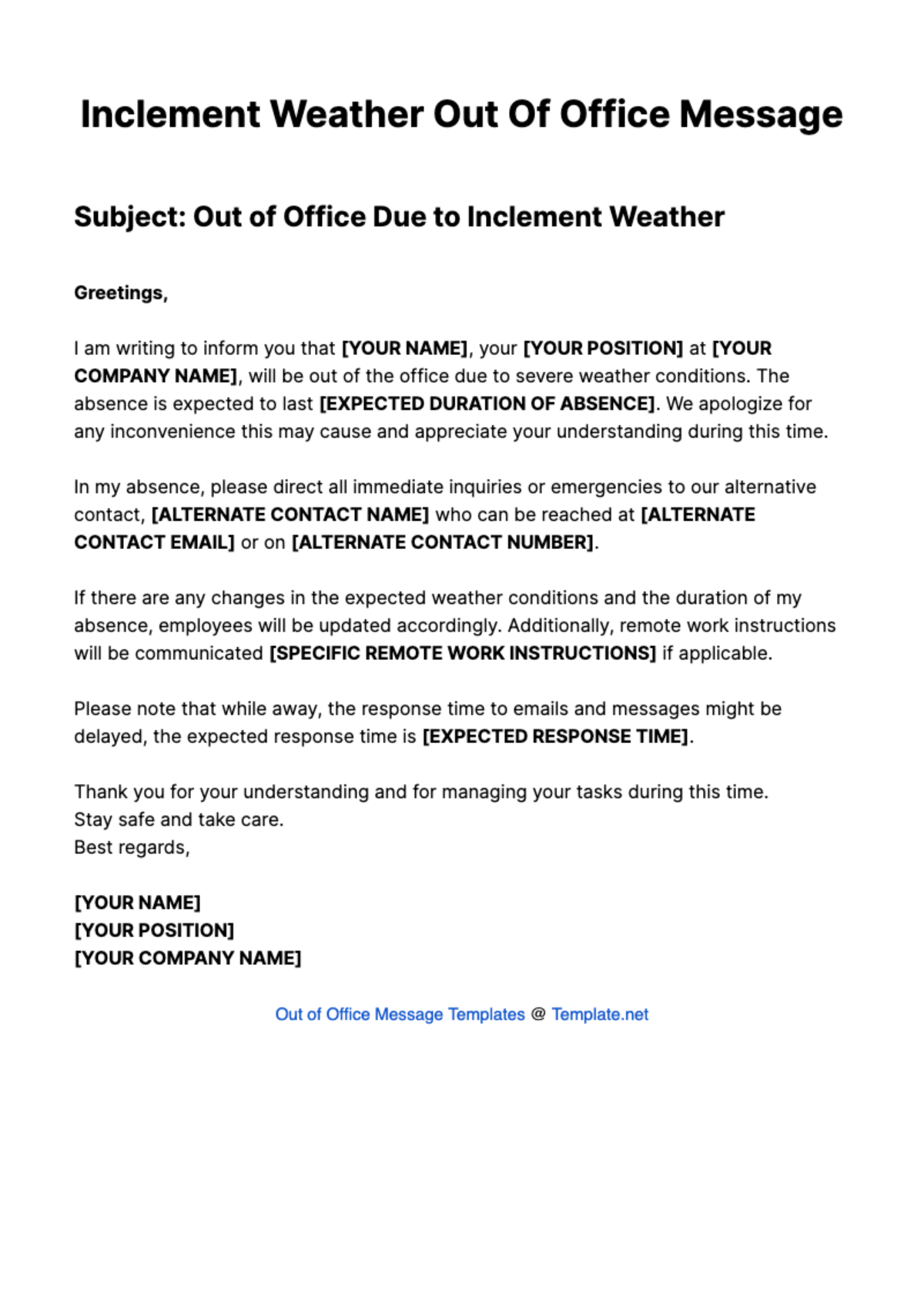 Inclement Weather Out Of Office Message Template