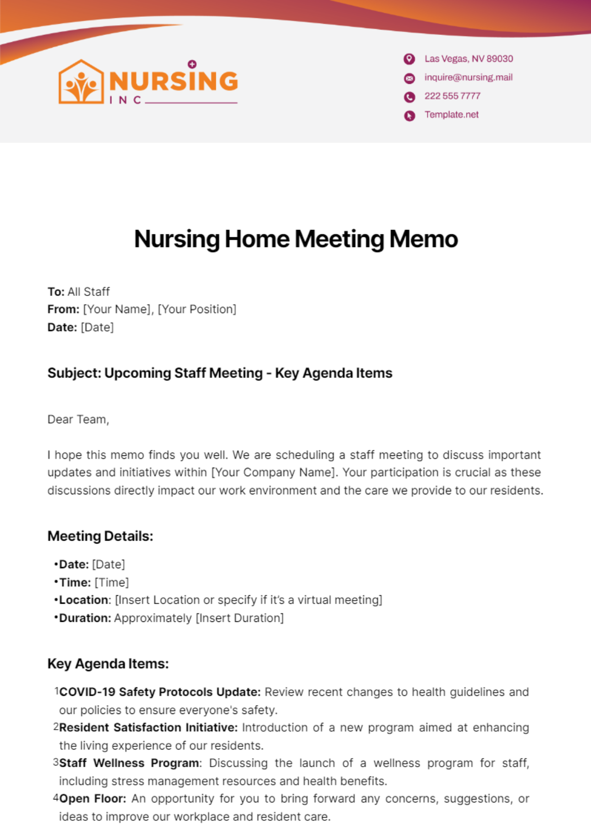 Nursing Home Meeting Memo Template