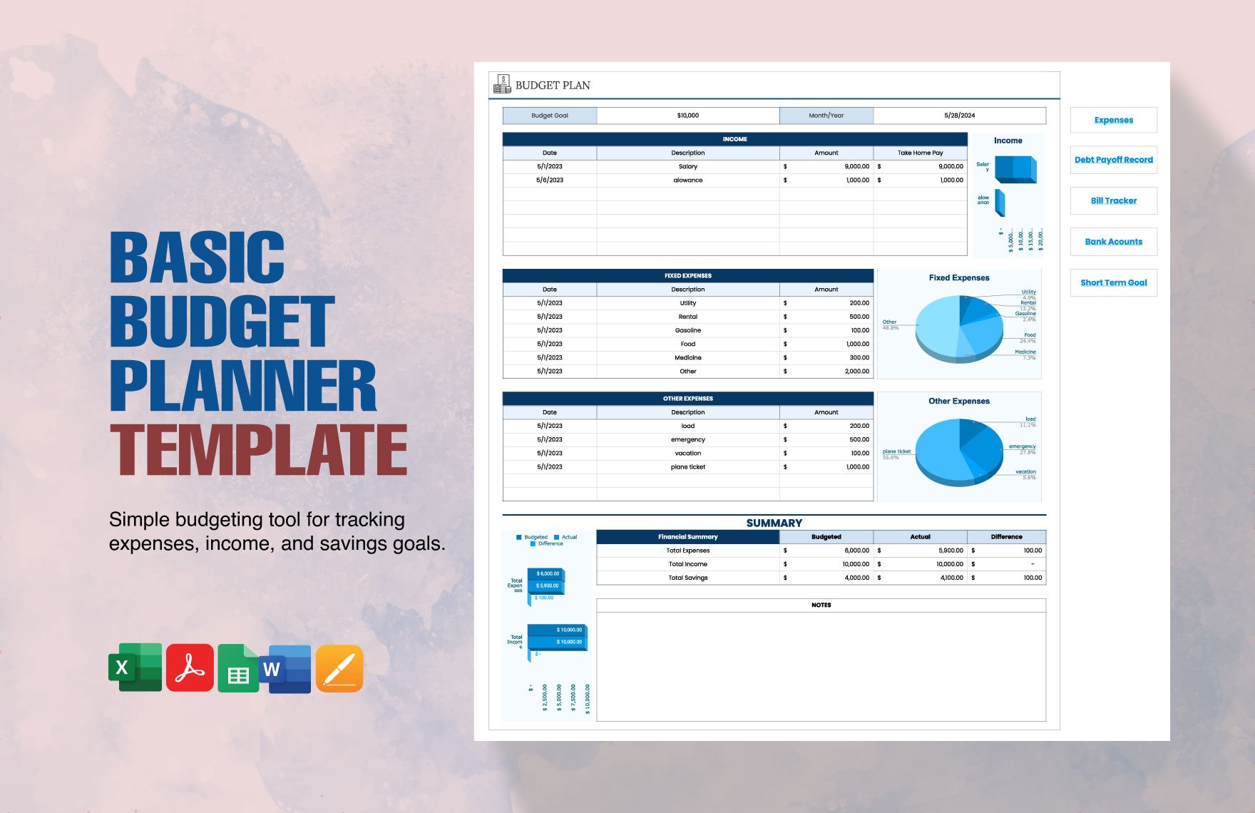 Basic Budget Planner Template in Word, Excel, PDF, Google Sheets, Apple Pages