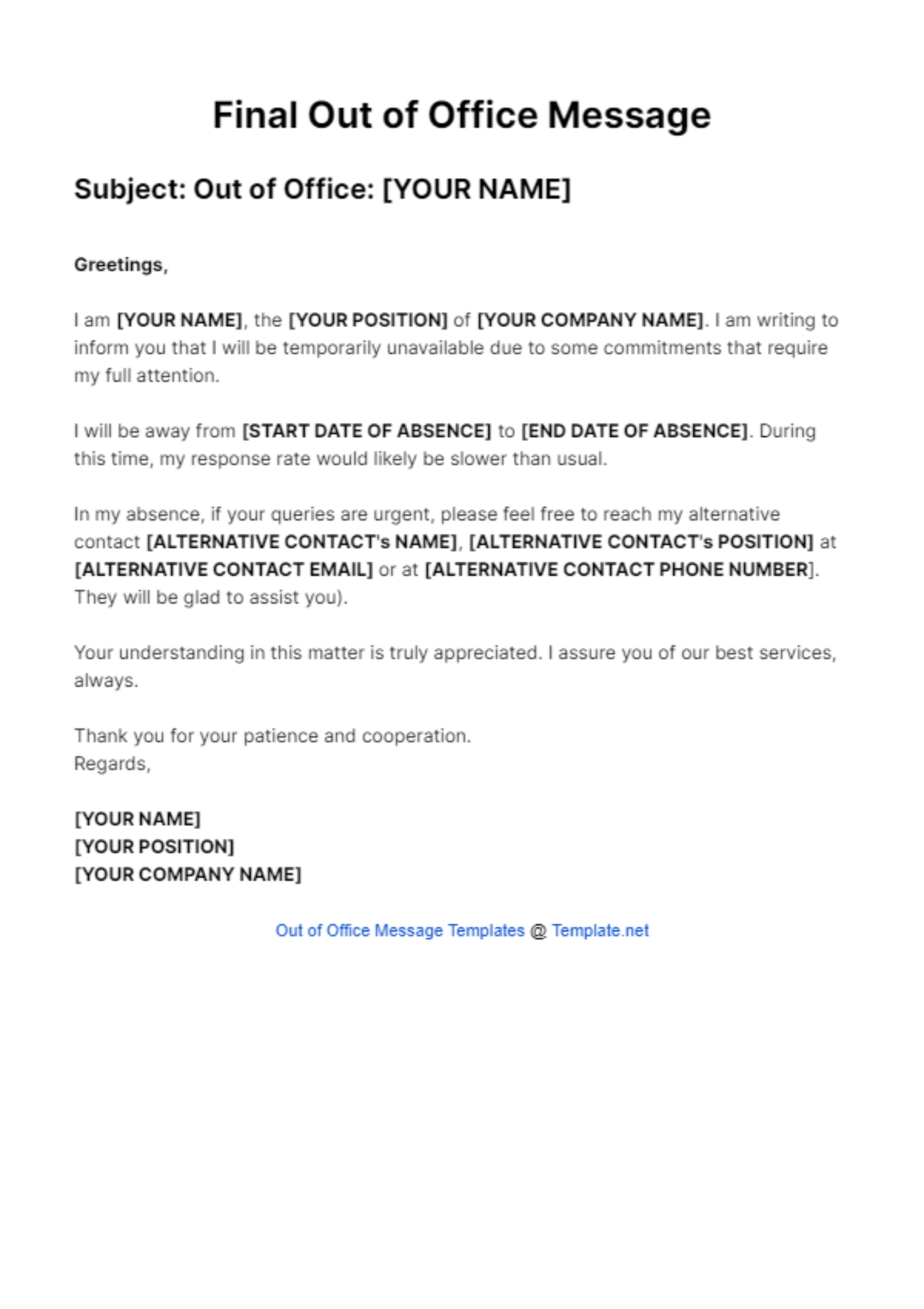 Free Final Out Of Office Message Template