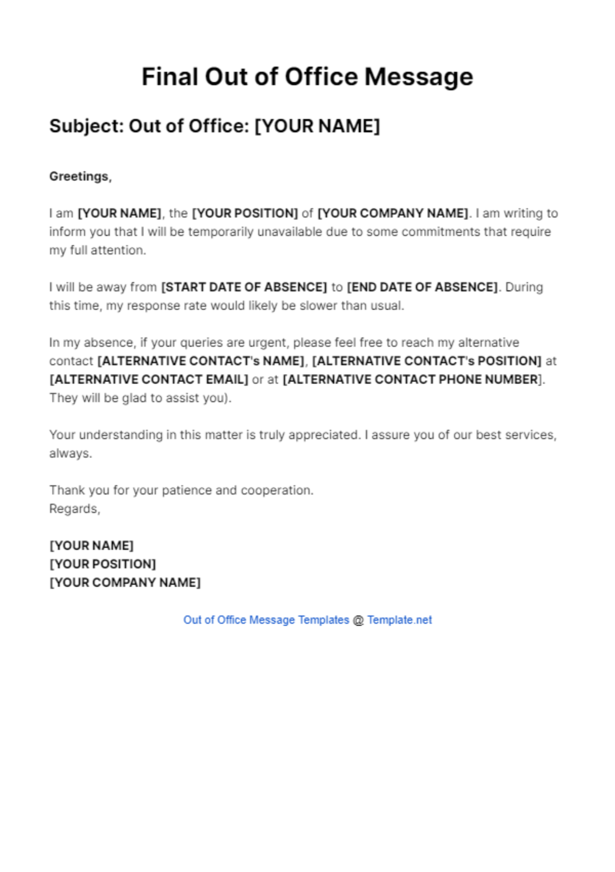 Final Out Of Office Message Template - Edit Online & Download