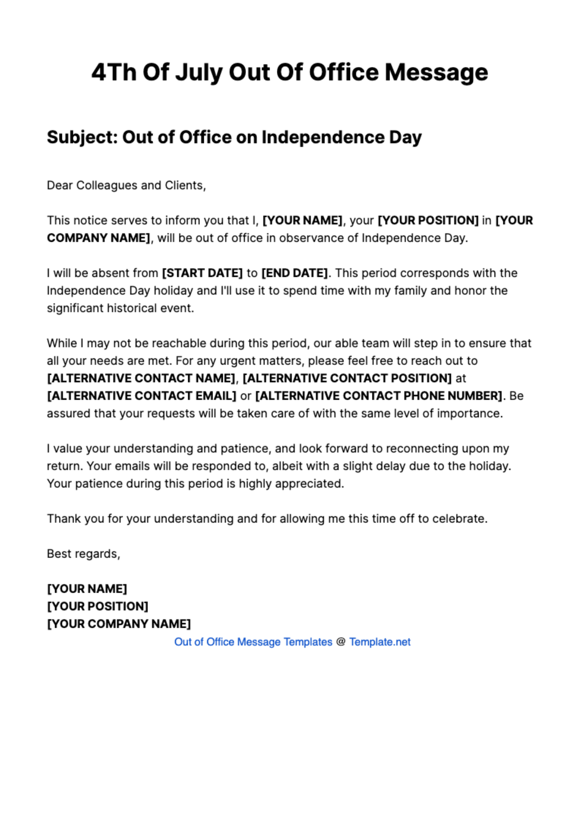 Free 4Th Of July Out Of Office Message Template