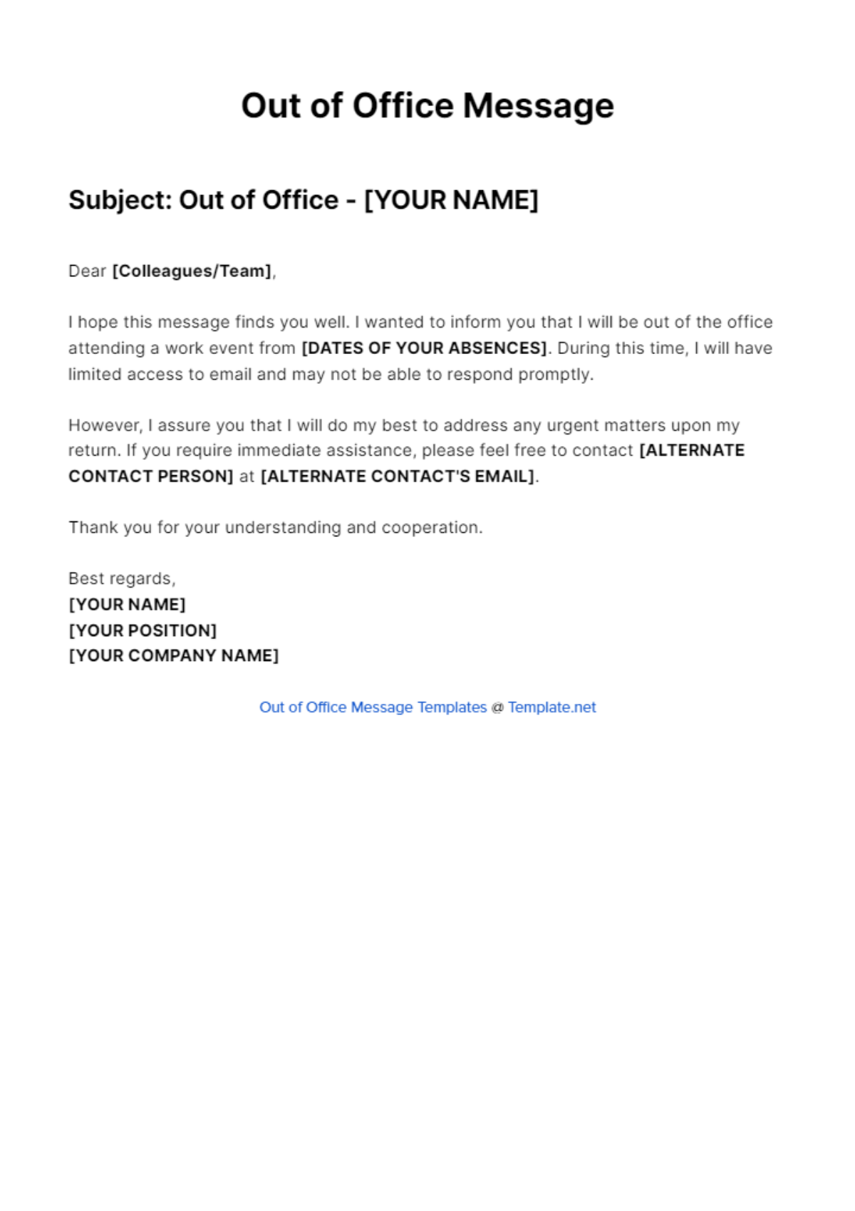 Free Out Of Office Message For Work Event Template