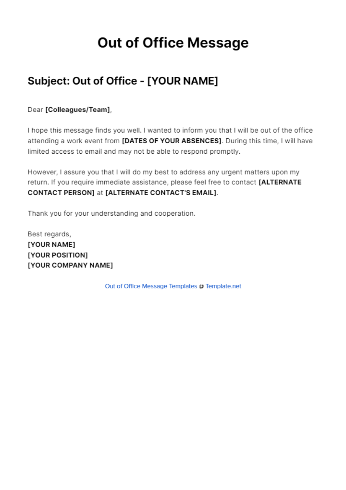 Out Of Office Message For Work Event Template - Edit Online & Download