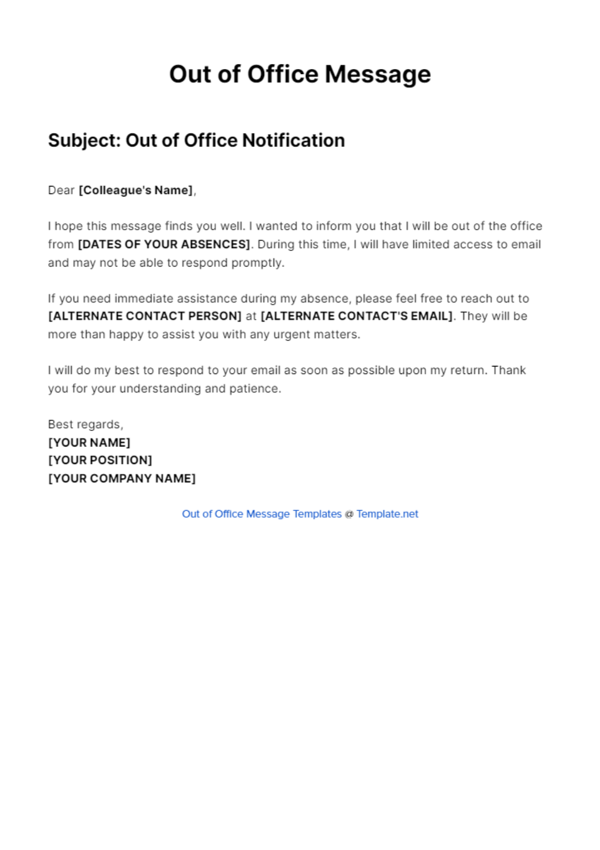 Free Out Of Office Message For Internal Colleagues Template