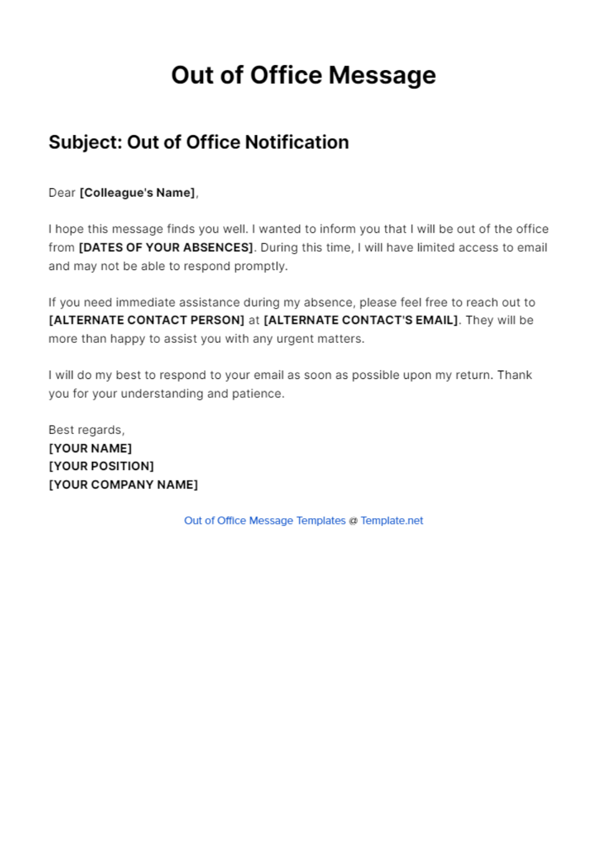 Out Of Office Message For Internal Colleagues Template - Edit Online & Download