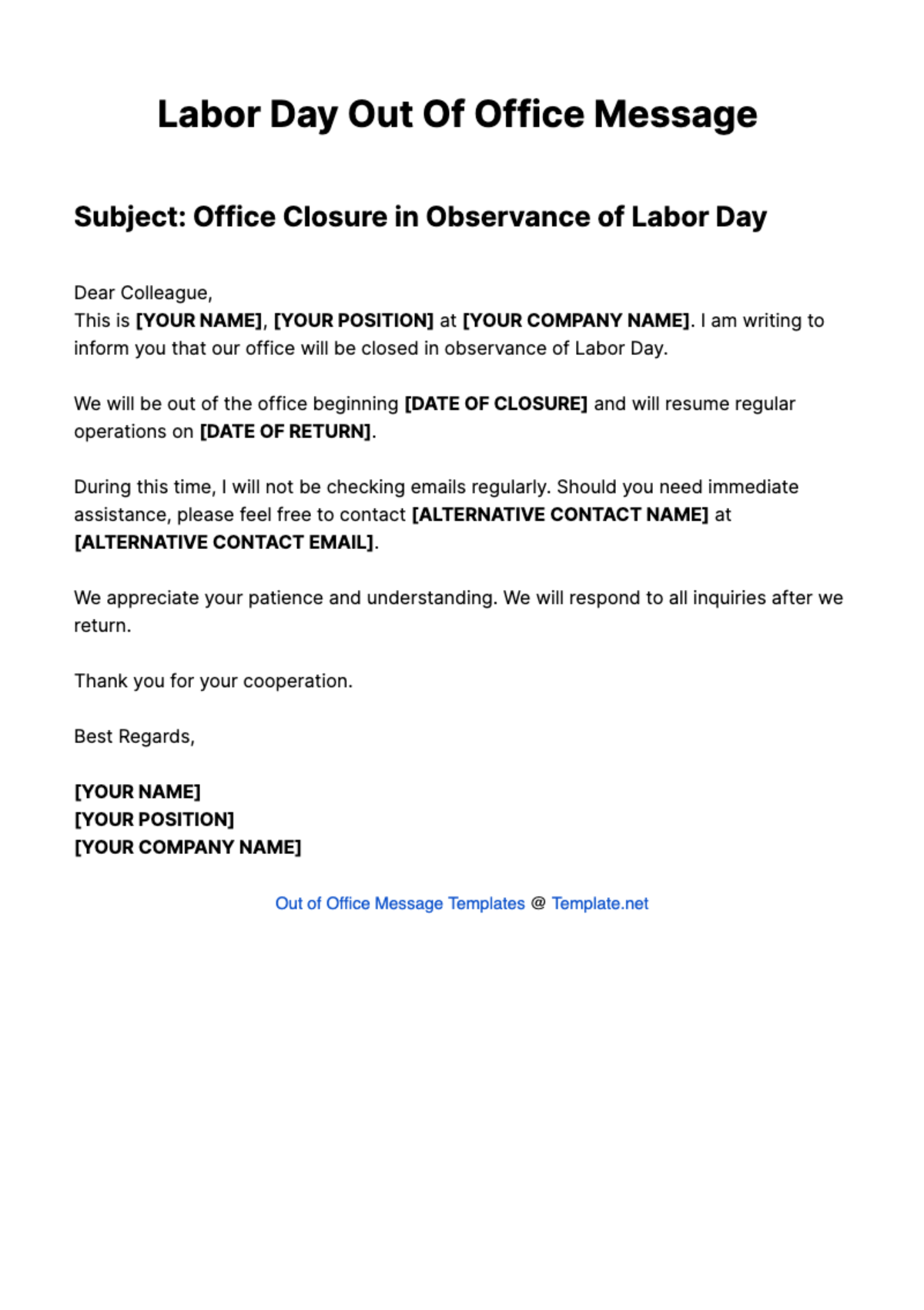Free Labor Day Out Of Office Message Template