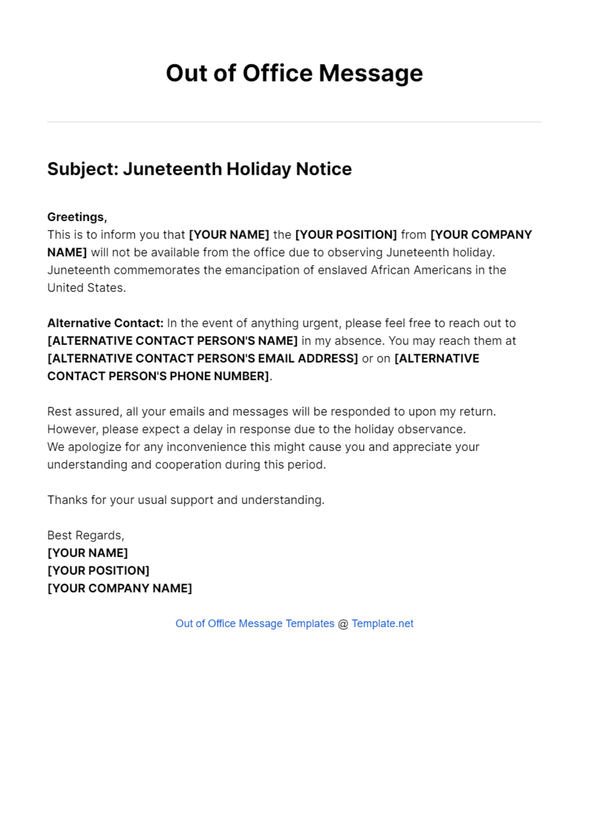 Juneteenth Holiday Out Of Office Message Template